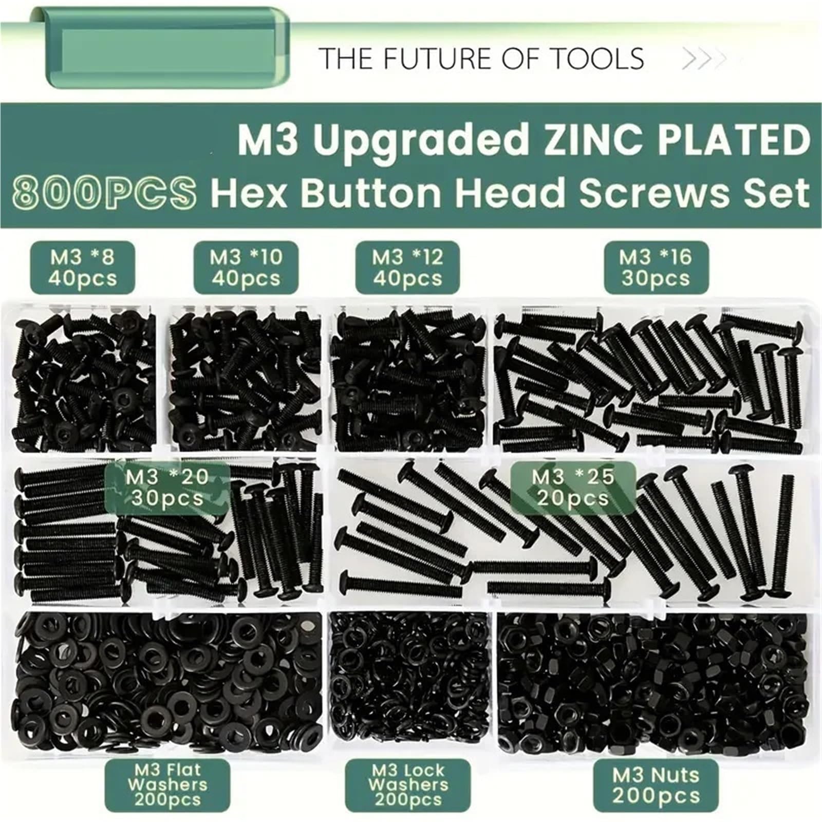 Kit de tornillos y tuercas seis botones M3 8 mm a 25 (800 piezas), gama mejorada acero aleación 10.9 con revestimiento zinc Juego de Tornillos y Tuercas