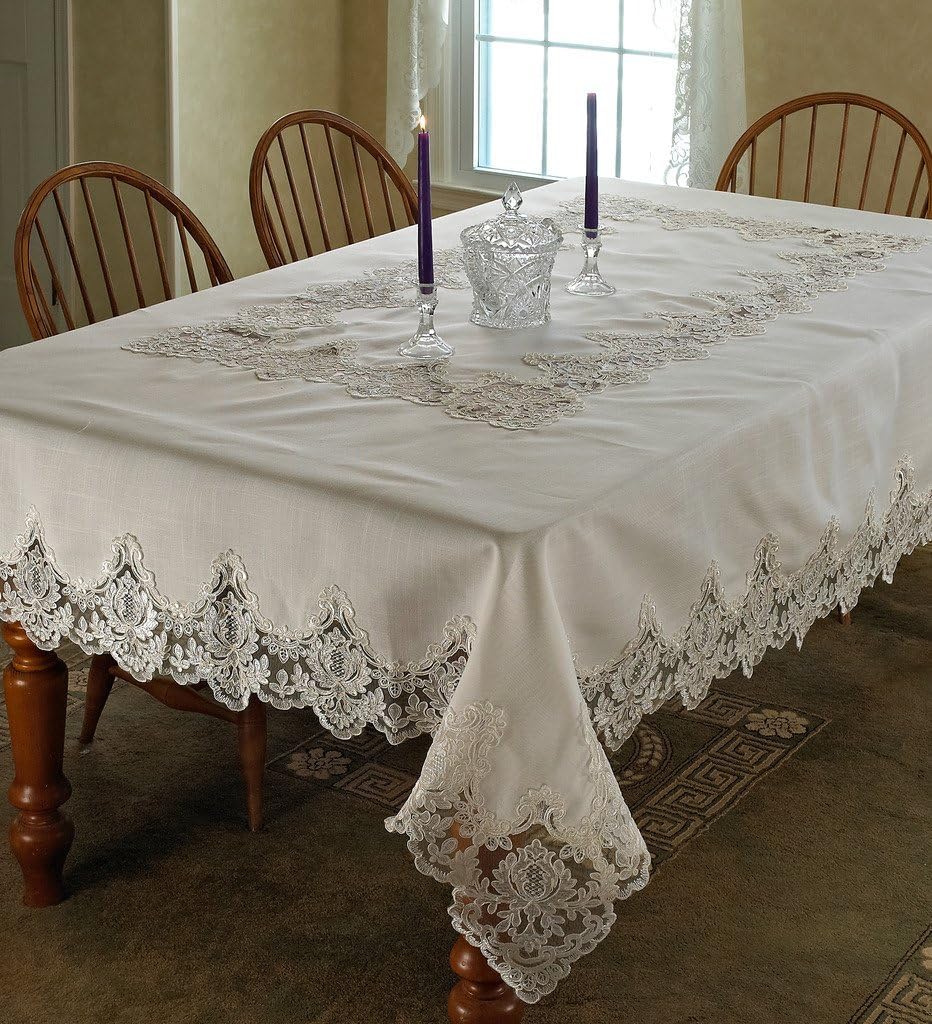 Violet Linen Imperial Embroidered Vintage Lace Design 52" X 70" Oblong/Rectangle Tablecloth in Cream