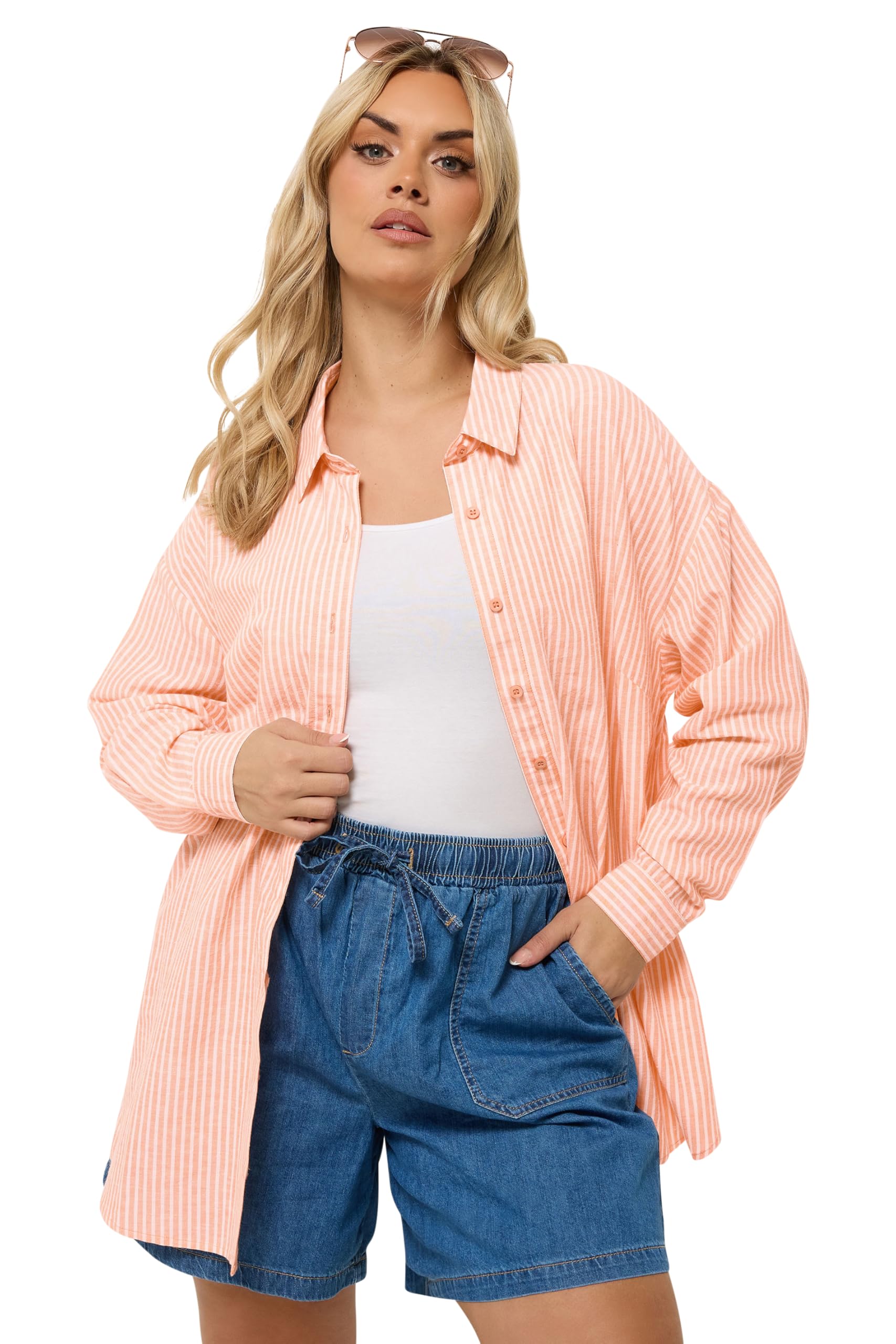 Yours Women's Peach Stripe Linen Shirt In Size 26-28