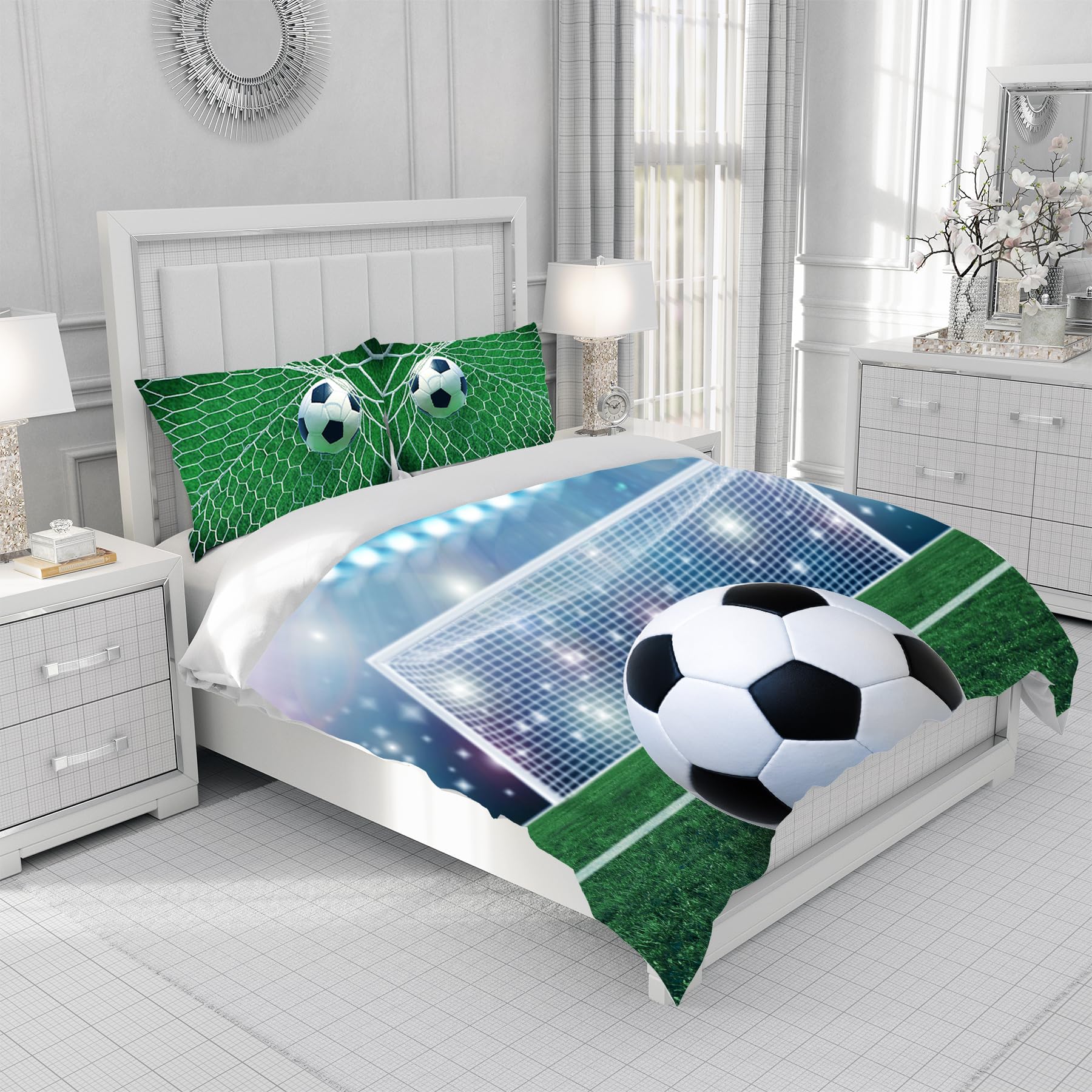 Copripiumino da Calcio 135×200 cm,Biancheria da Letto con Stampa Calcio per Bambini,Copripiumino con Stampa Calcio 3D + 2 Federe 50 x 75 cm(Football 3)