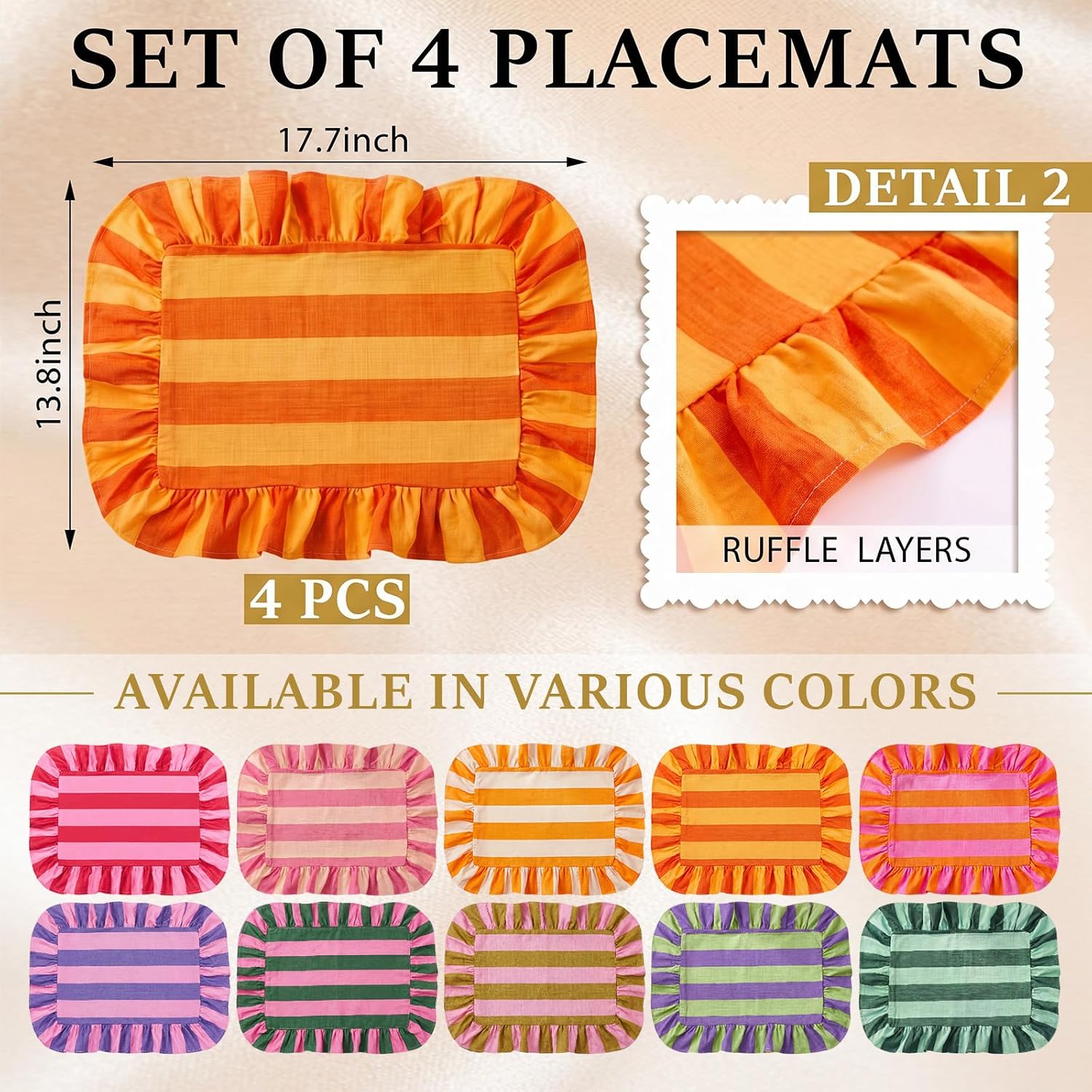 Frienda 4 Pcs Cute Cotton Stripe Placemats, Amber Yellow & Reddish Ochre image 2