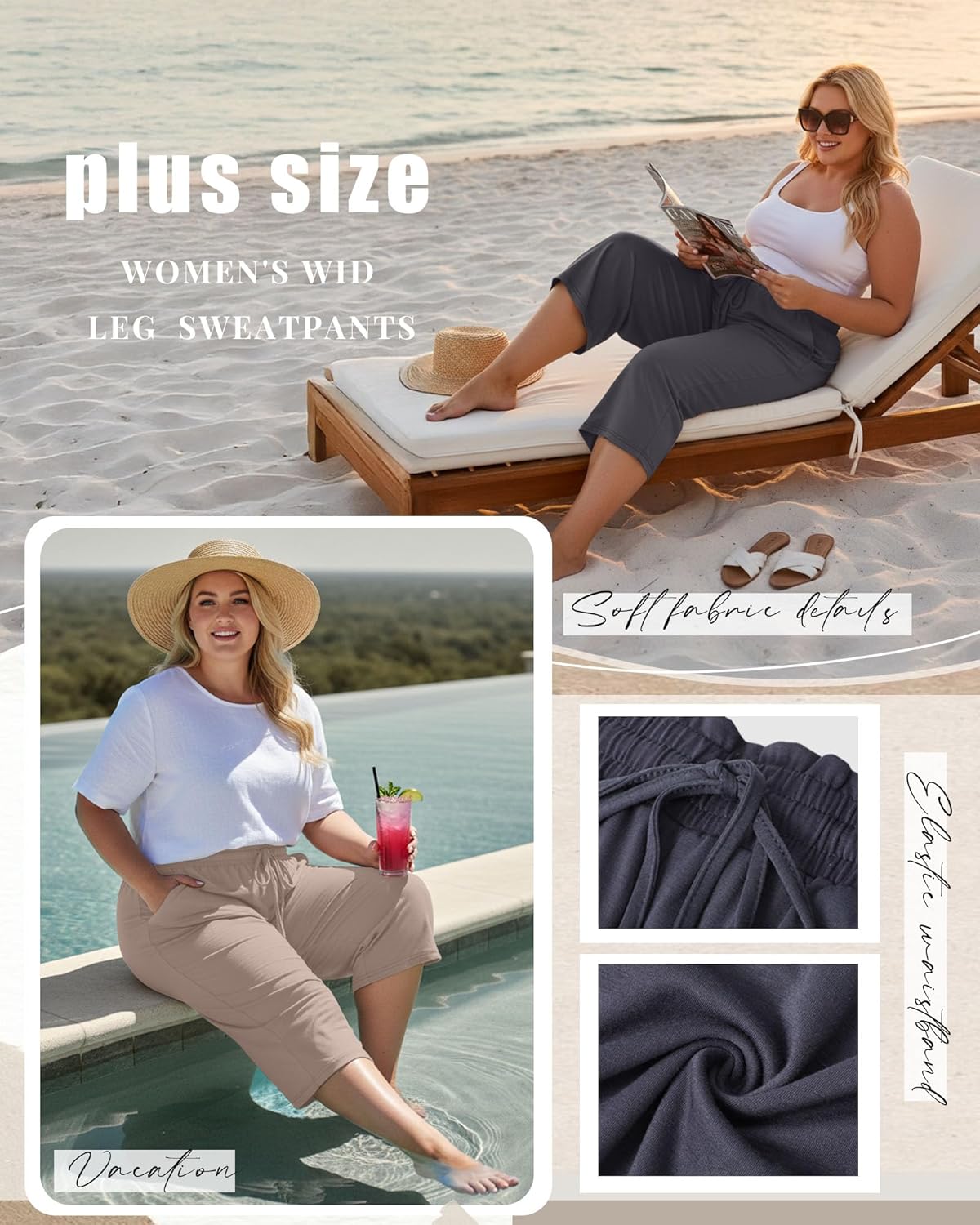 Neer 3 Pack Women's Plus Size Capris High Waisted Drawstring Wide Leg Cropped Sweatpants Lounge Yoga Pants with Pockets - Image 5