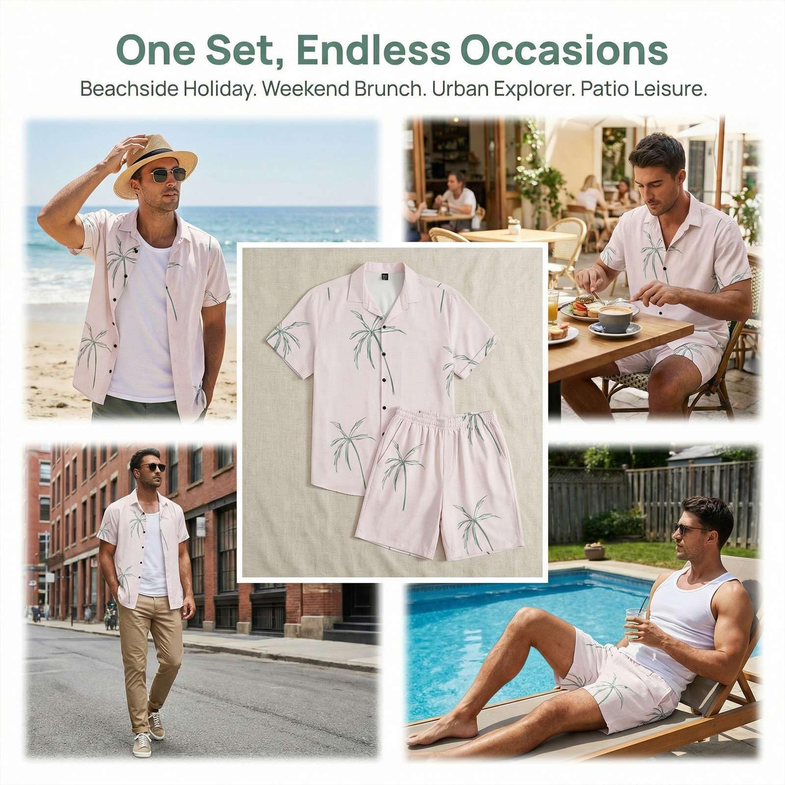 Hawaii Hemd Herren Set 2 Teiliges Sommer Outfit Kurzarm Revers Hawaiihemd + Kurze Hose, Männer Atmungsaktiv Tropisches Vacation Strand Party Outfit Urlaub Freizeitanzug Streetwear