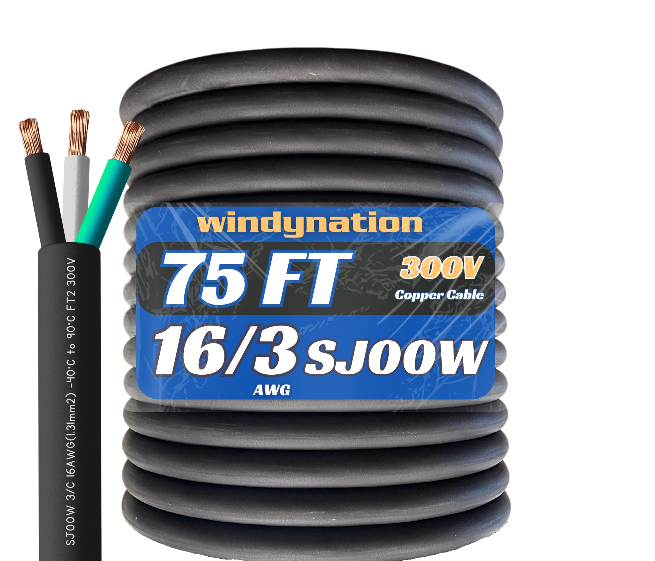 75 Feet 16/3 SJOOW Cable Cord 16 AWG 3 Conductor SO Wire - 16 Gauge 3 Conductor (16/3 Wire) 300V Portable Power Extension Cable for Motor Leads,