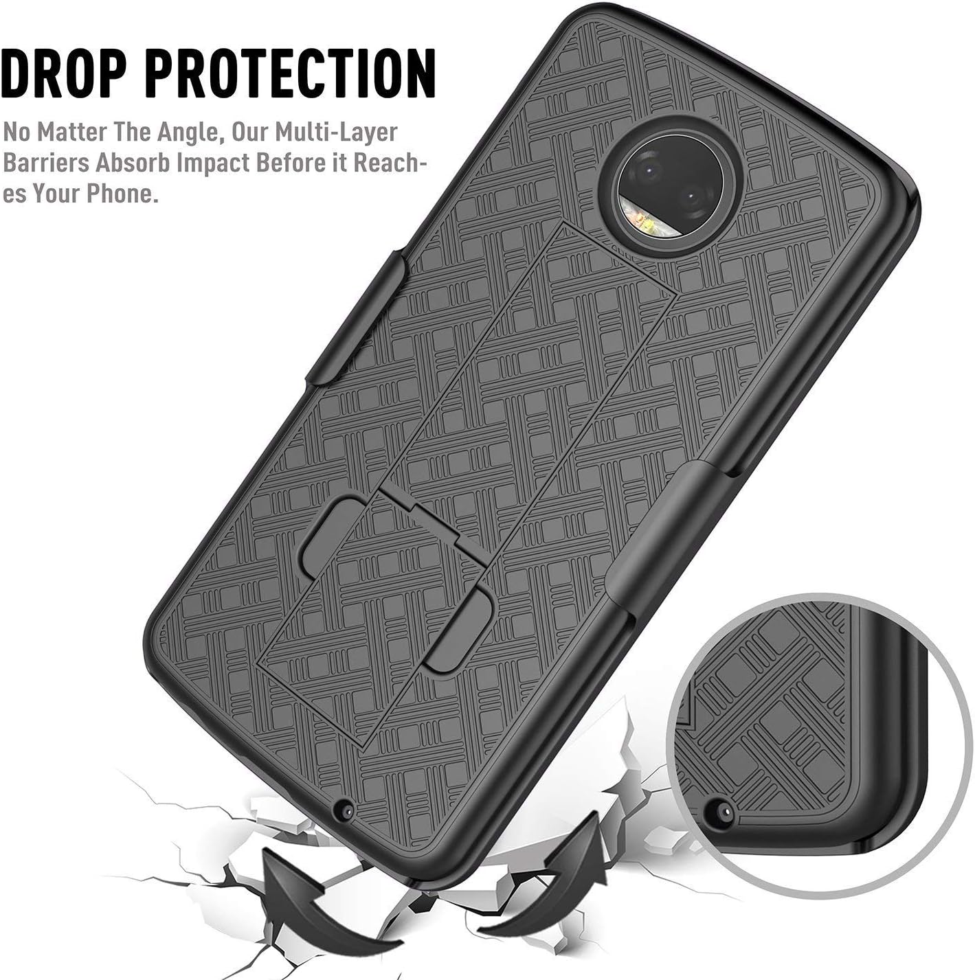 TILL for Moto Z2 Force Case, Z2 Play Case, TILL [Thin Design] Holster Locking Belt Swivel Clip Non-slip Texture Hard Shell [Built-In Kickstand] Combo Case Defender Cover For Moto Z2 Play/Force [Black]