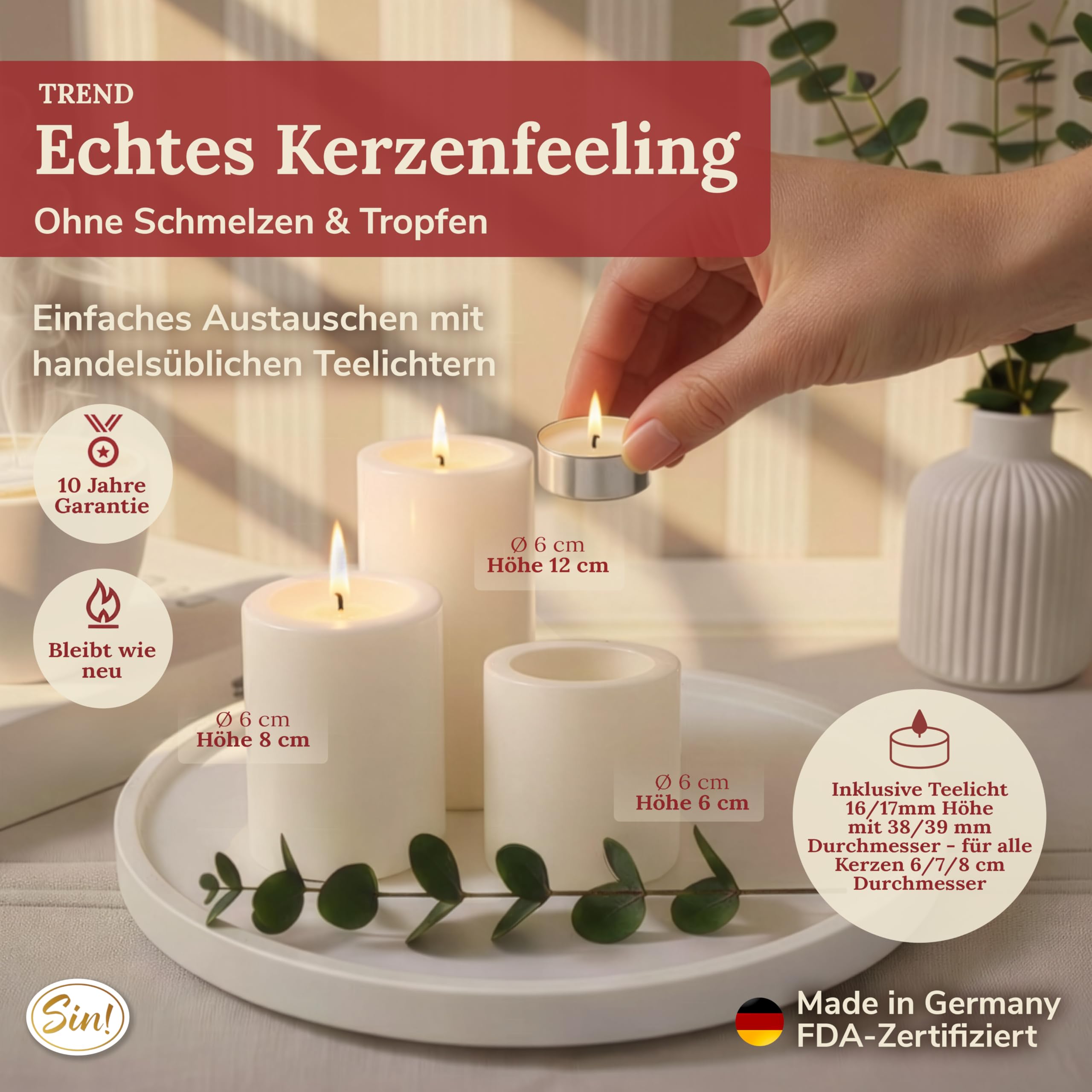 Sin!® 3er Set Teelichthalter & Dauerkerze Trend Ø 6cm H 6cm/8cm/12cm weiß - Die Kerze die Nicht schmilzt! Kunststoff-Kerze mit Teelichteinsatz (Made IN Germany) - Teelicht-Kerzenoptik selbstlöschend