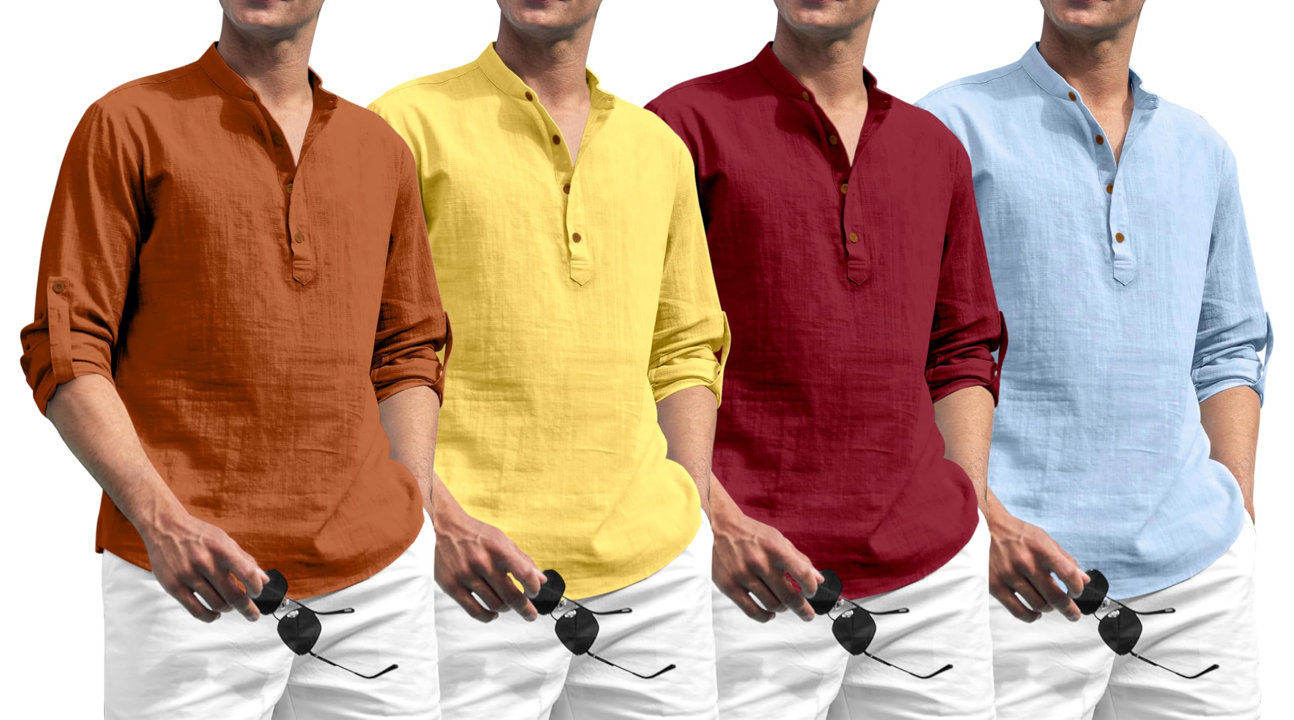 zombom Combo of Men's Solid Cotton Blend Full Sleeve Mandarin/Chinese Collor Straight Kurta Shirt (Pack of 4)-picture-34