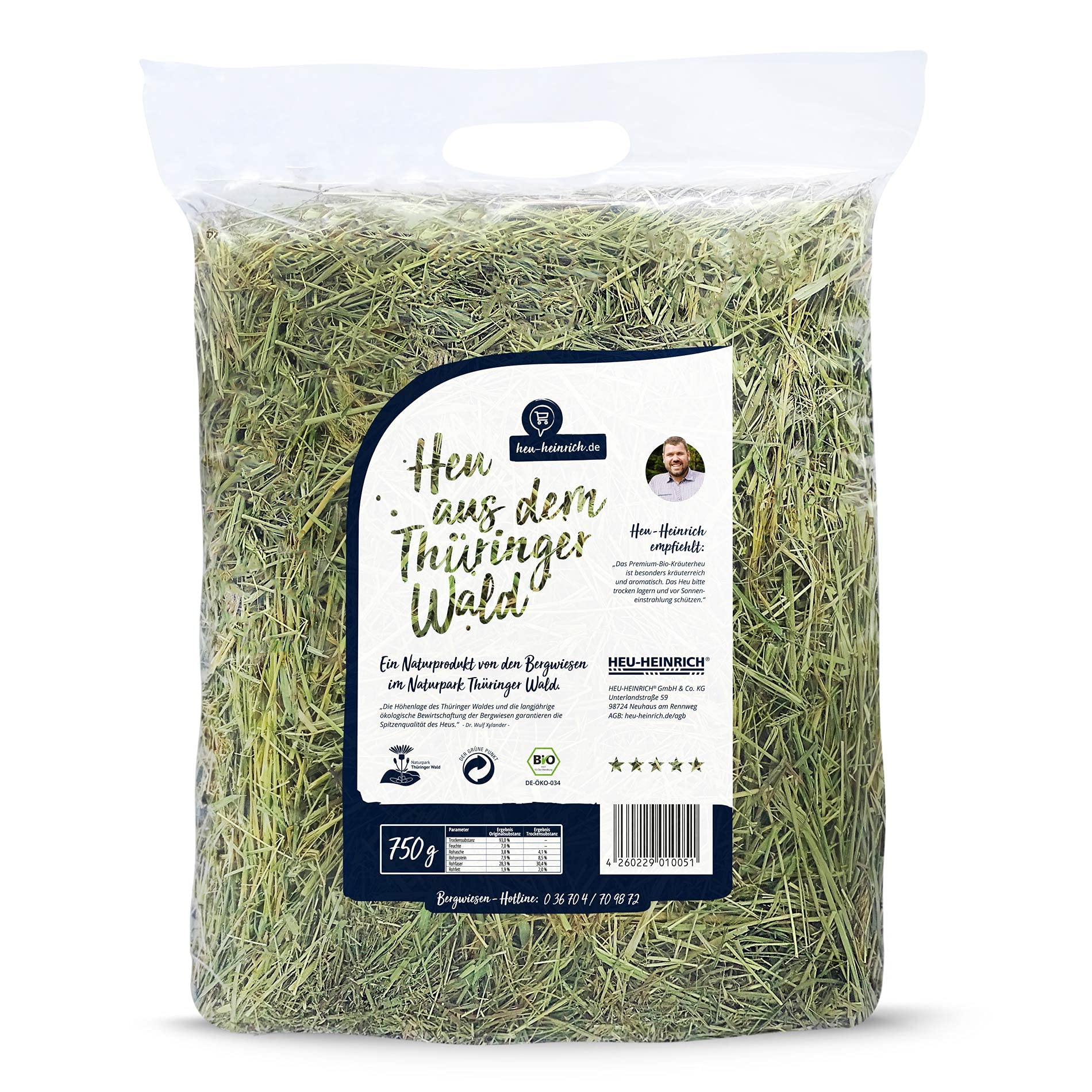 750g Premium Bio-Kräuterheu - Bergwiesenheu aus dem Naturpark Thüringer Wald - Streu für Nager - Kaninchen Futter, Meerschweinchen Futter, Bio-Heu beliebt zum Kochen mit Heu