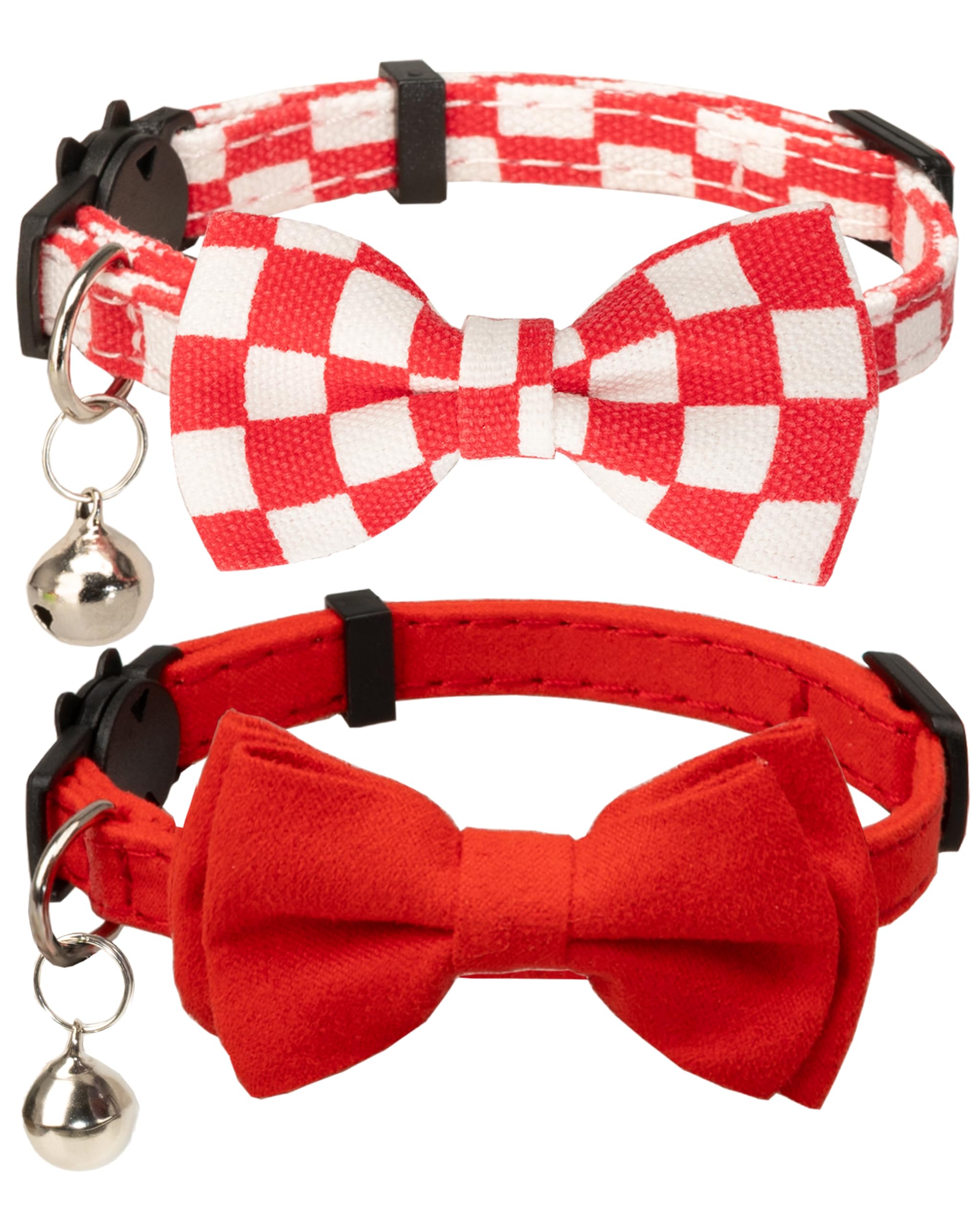 GyapetCollar for Cats Pets Breakaway with Bell Bowtie Floral Bow Detachable Adjustable Safety Puppy 2pcs Plaid & Solid-Red