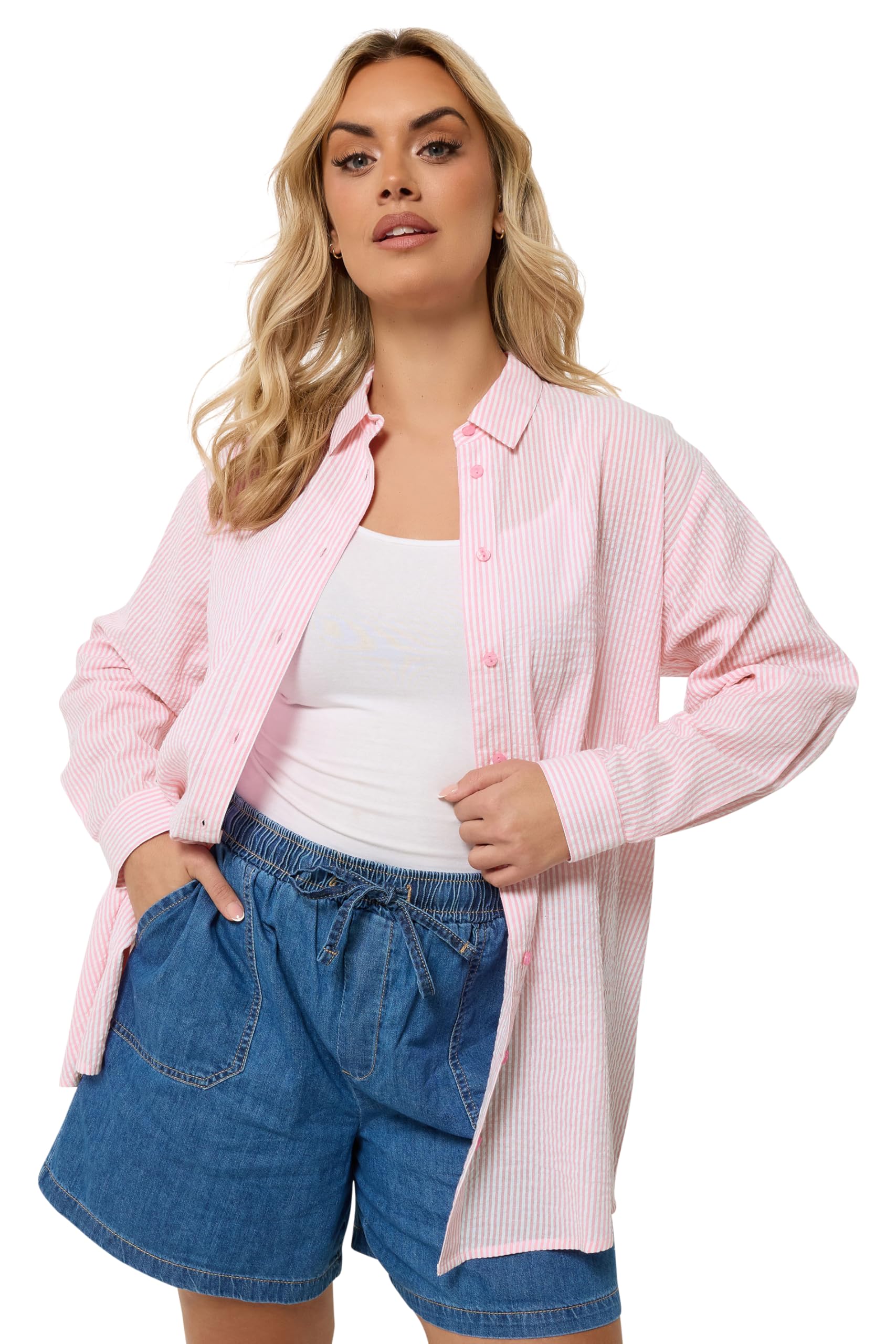 Yours Curve Pink Stripe Textured Shirt - Women's - Plus Size Curve