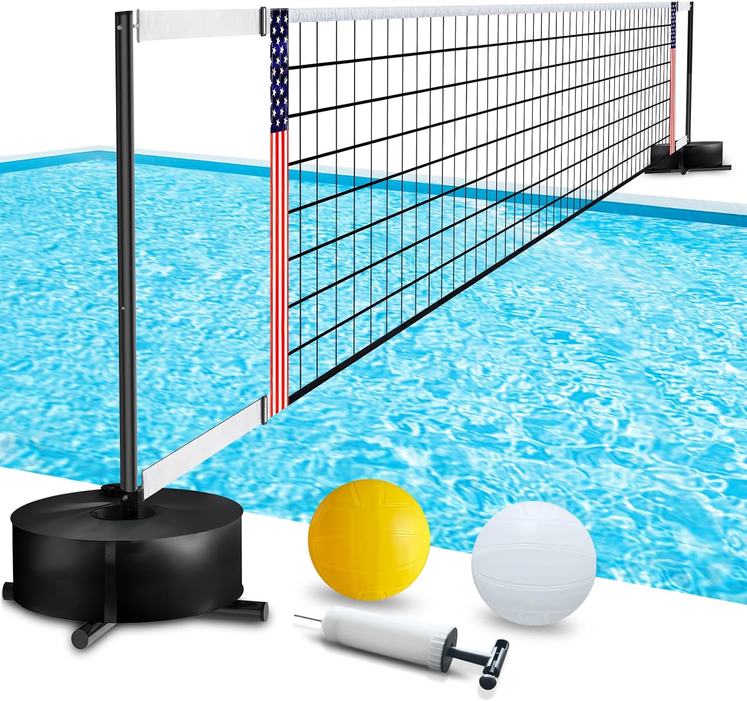 Portable Pool Volleyball Net System -4th of July Celebration Adjustable 16.5-26.5FT Length Net Includes 2 Water Volleyballs, Heavy-Duty Water-Filled Base Perfect for Pickleball, Tennis & Pool Games