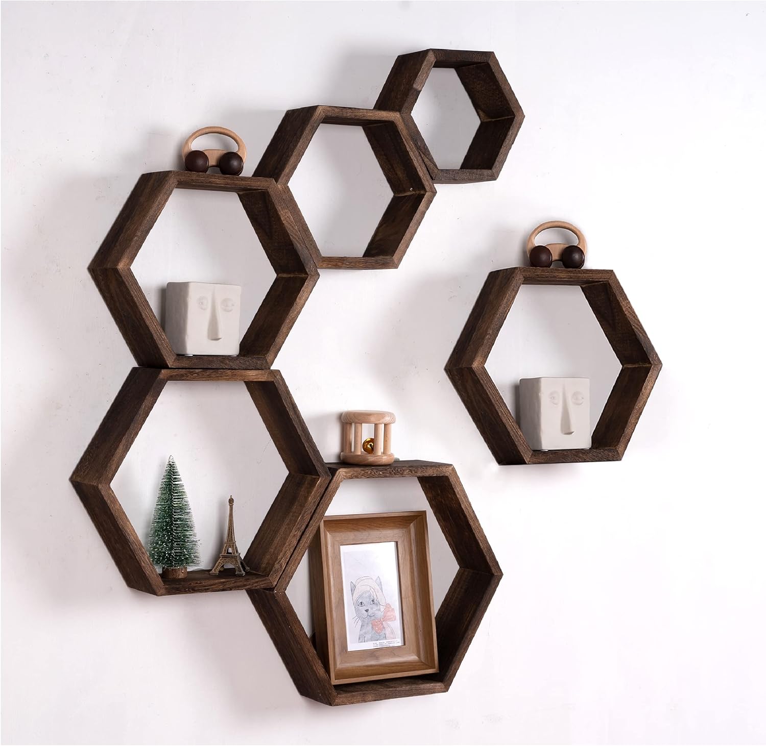 Amazon｜WONFUlity 大型ヘキサゴンフローティングシェルフ 壁掛け木製ファームハウスストレージ ハニカムウォールシェルフ ウォール