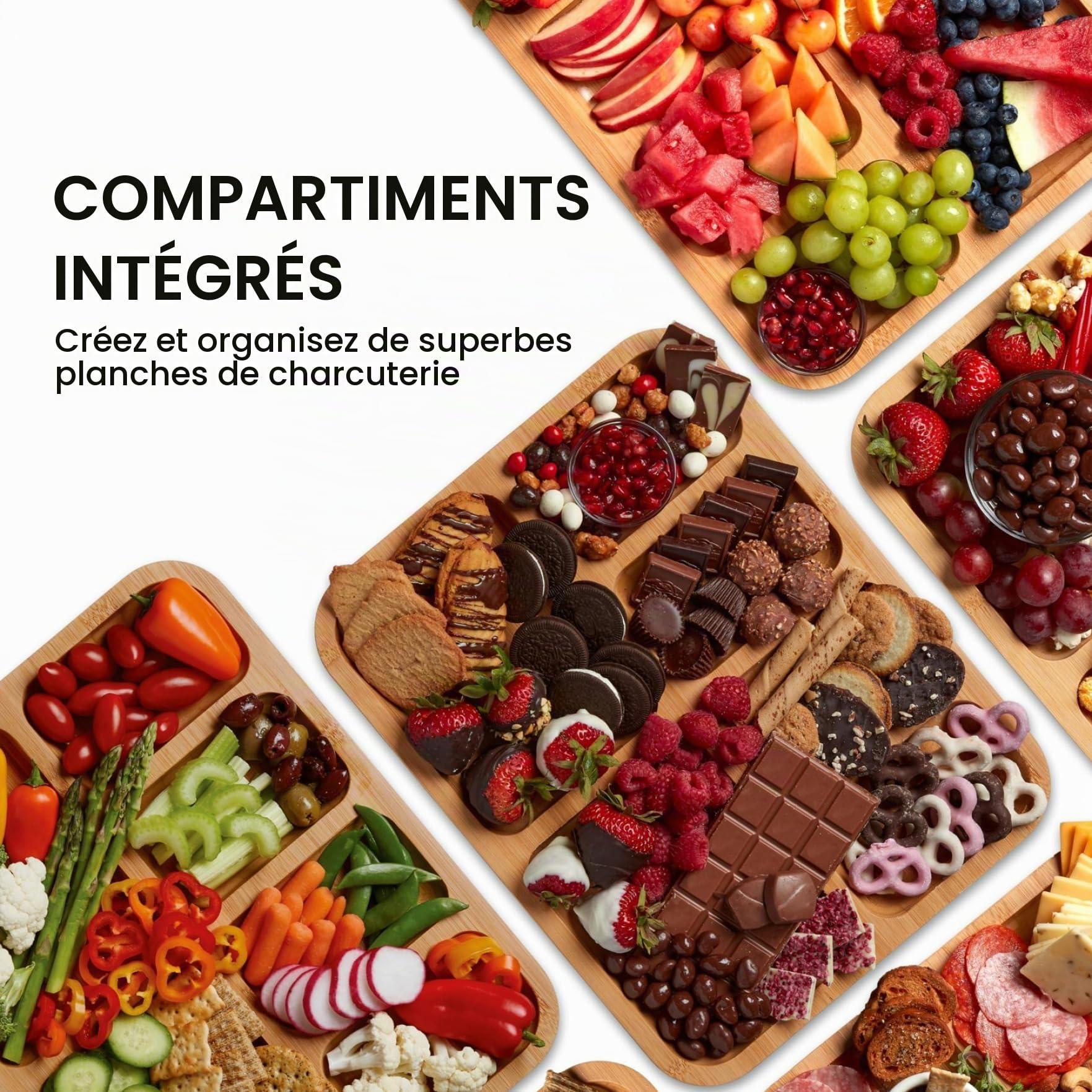 Planche à charcuterie avec Couvercle, Planches à charcuterie en Bambou avec Couvercle Transparent, poignées, Plateau de Service 6 Compartiments pour la Cuisine, collation
