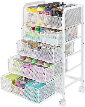 5-Tier Craft Organizer Cart with Wheels,Craft Organizers and Storage with Drawers,Lockable Wheels Rolling Utility Cart with DIY Divider,Office Supply Organizer,Ideal for Studio,Office Patent Pending