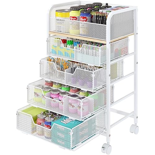 5-Tier Craft Organizer Cart with Wheels,Craft Organizers and Storage with Drawers,Lockable Wheels Rolling Utility Cart with DIY Divider,Office Supply Organizer,Ideal for Studio,Office,Bedroom,White