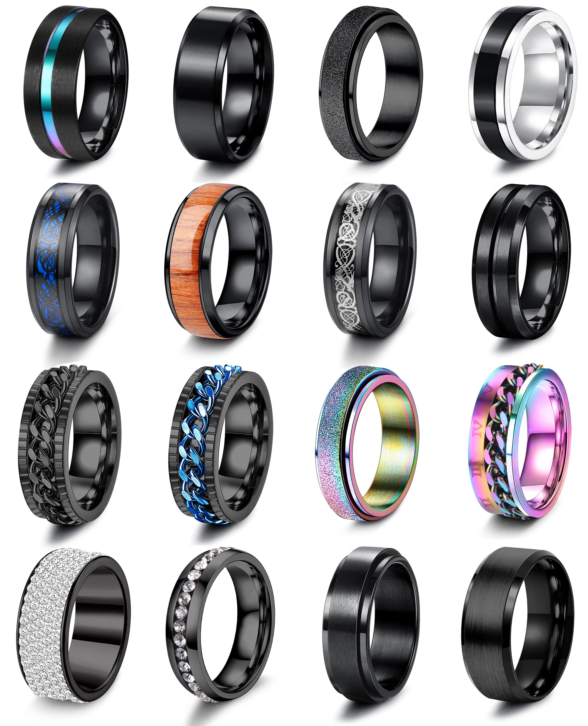 Besteel 16Pcs Stainless Steel Band Rings for Men Women Fidget Anxiety Relief Rings Cool Chain Beveled Edges Celtic Black Band Spinner Rings Set for Wedding Promise Mens Rings Pack
