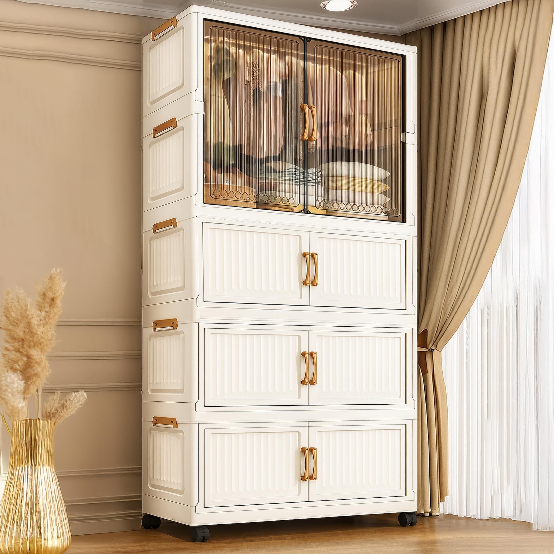EXVITO 1+3 Door Kids Plastic Wardrobe for Clothes, Foldable Plastic Almirah for Clothes, Collapsible Wardrobe for Storage, Baby Cupboard for Clothes, Storage Rack for Kids - Beige-image-8