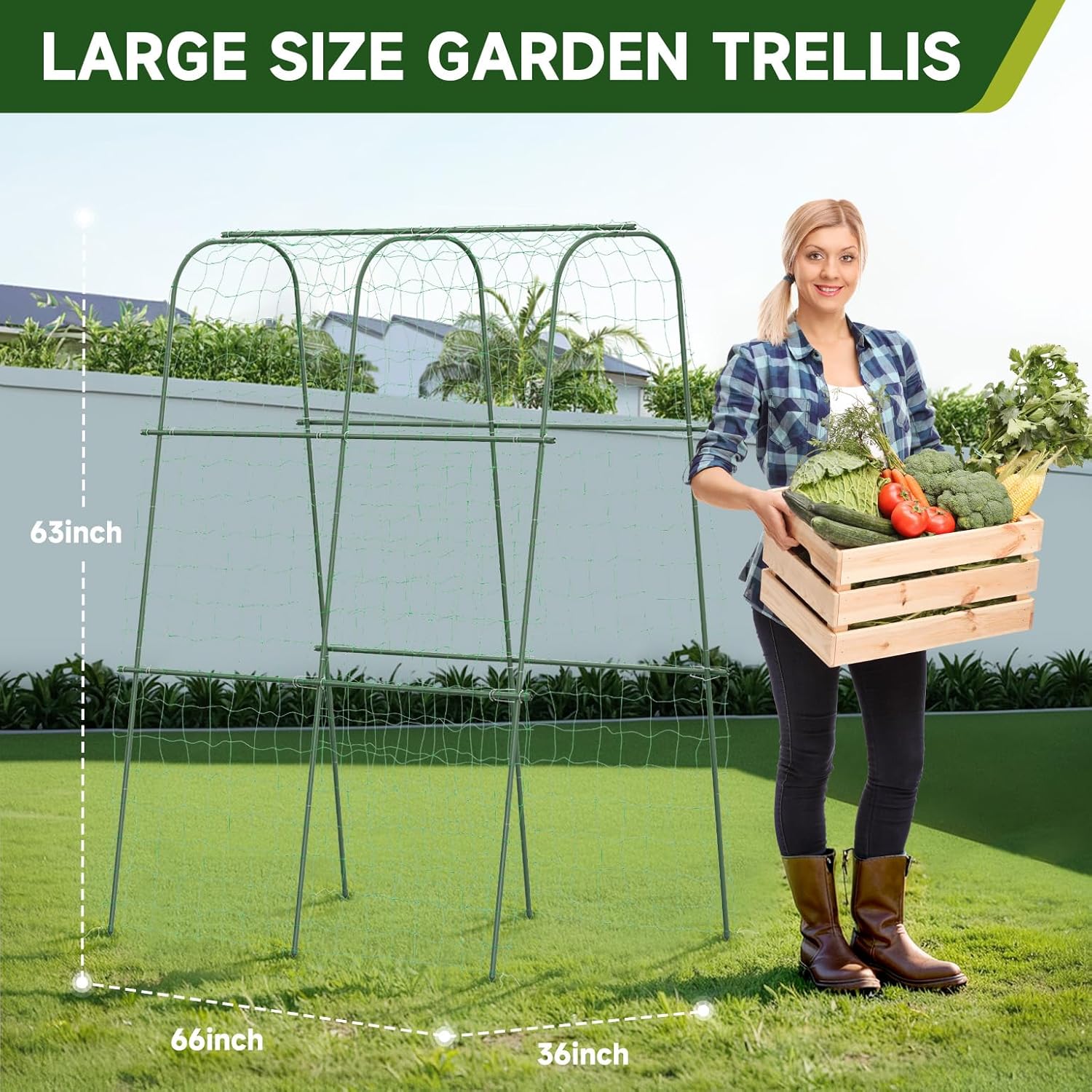HIRALIY Cucumber Trellis for Climbing Plants Outdoor, 5.25ft Tall Heavy Duty Metal Garden Arch Trellis, Rustproof Plant Support Tunnel for Tomato, Grape, Bean, Raised Bed and Vegetable Gardens, Green