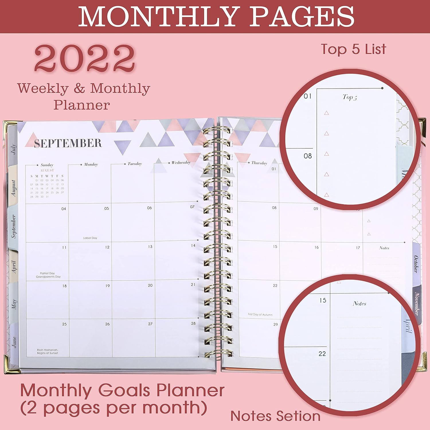 2022 Planner - Planner 2022 Weekly & Monthly with Tabs, 8" x 10", Jan. 2022 - Dec. 2022, Hardcover with Contacts + Calendar + Holidays + Thick Paper + Twin-Wire Binding - Pink Marble