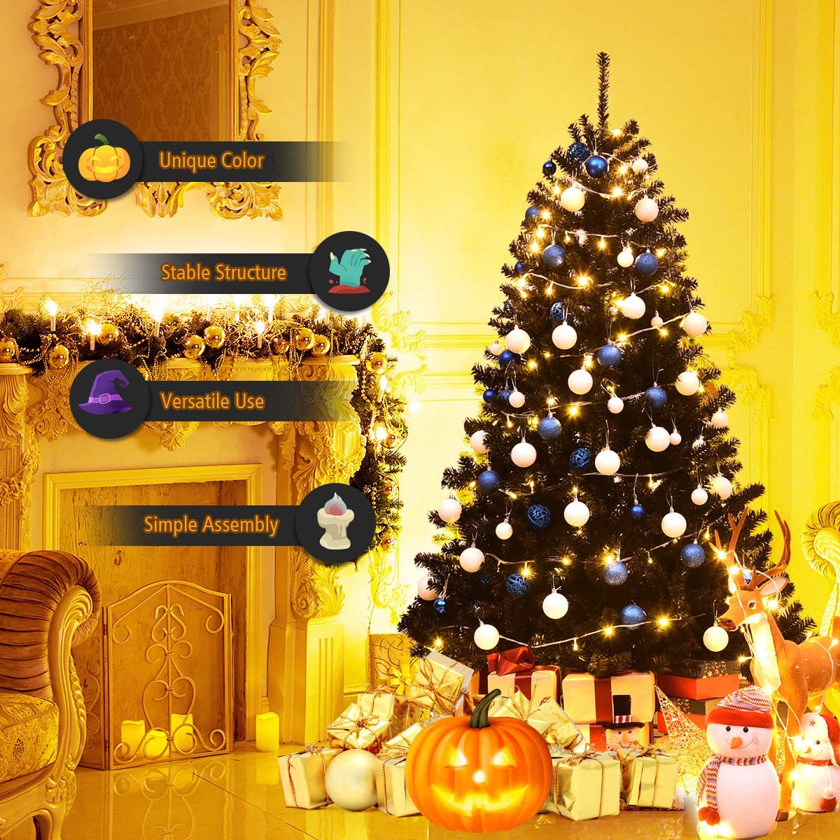 RELAX4LIFE 180 cm Künstlicher Weihnachtsbaum schwarz, Christbaum mit 1036 Spitzen und Metallständer, Tannenbaum für Zuhause, Büro, Schule, Geschäfte