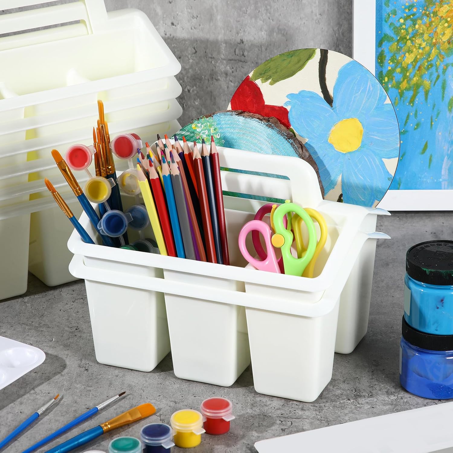 WILLBOND 12 Pcs Classroom Storage Caddies Stackable Utility Caddies with 4 Compartment Plastic Caddy with Handle Portable Storage Bins Organizers for Kids Schools Art Craft Supplies(White)