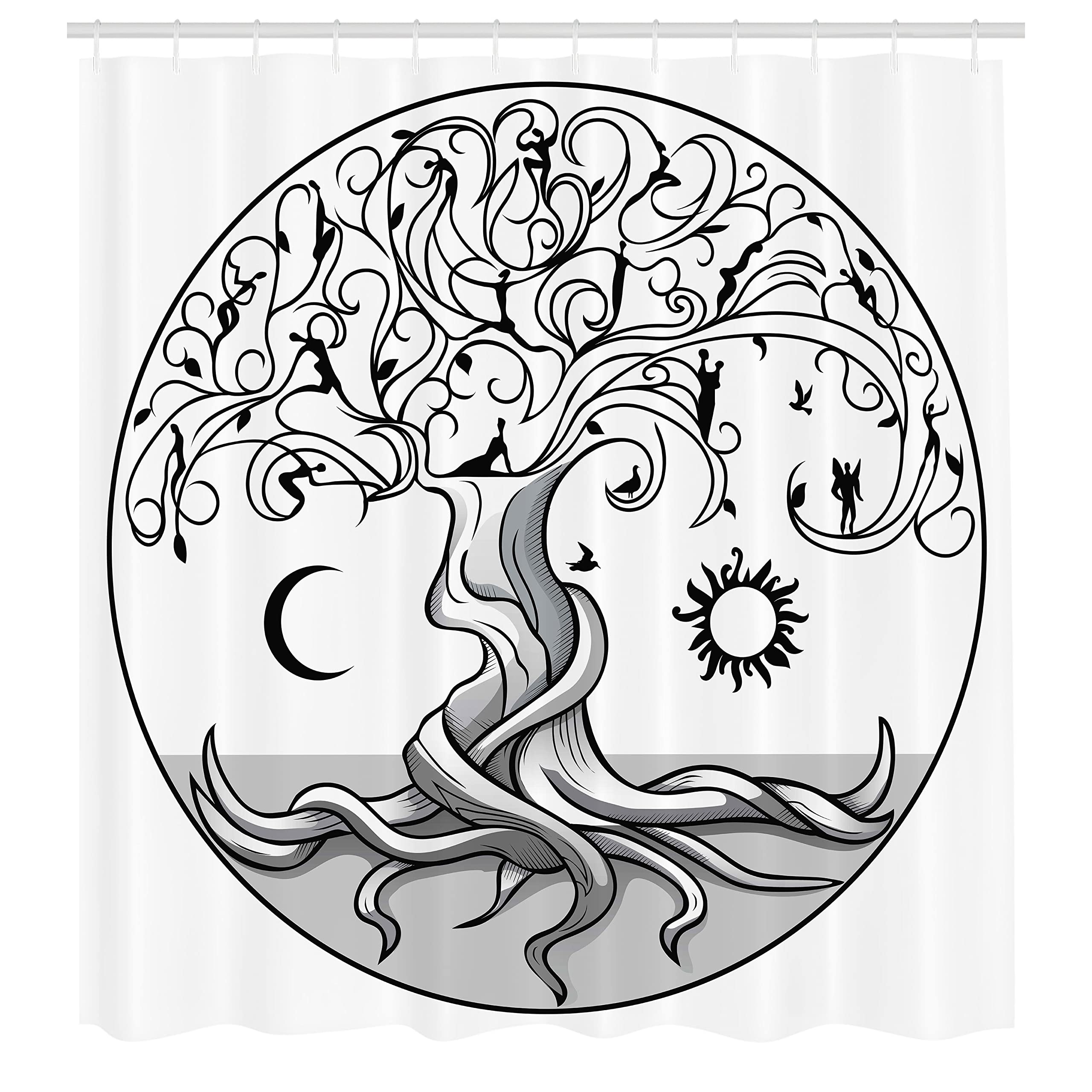 Lunarable Sun and Moon Shower Curtain, Life Tree with Swirling Branches and Angels, Cloth Fabric Bathroom Decor Set with Hooks, 69