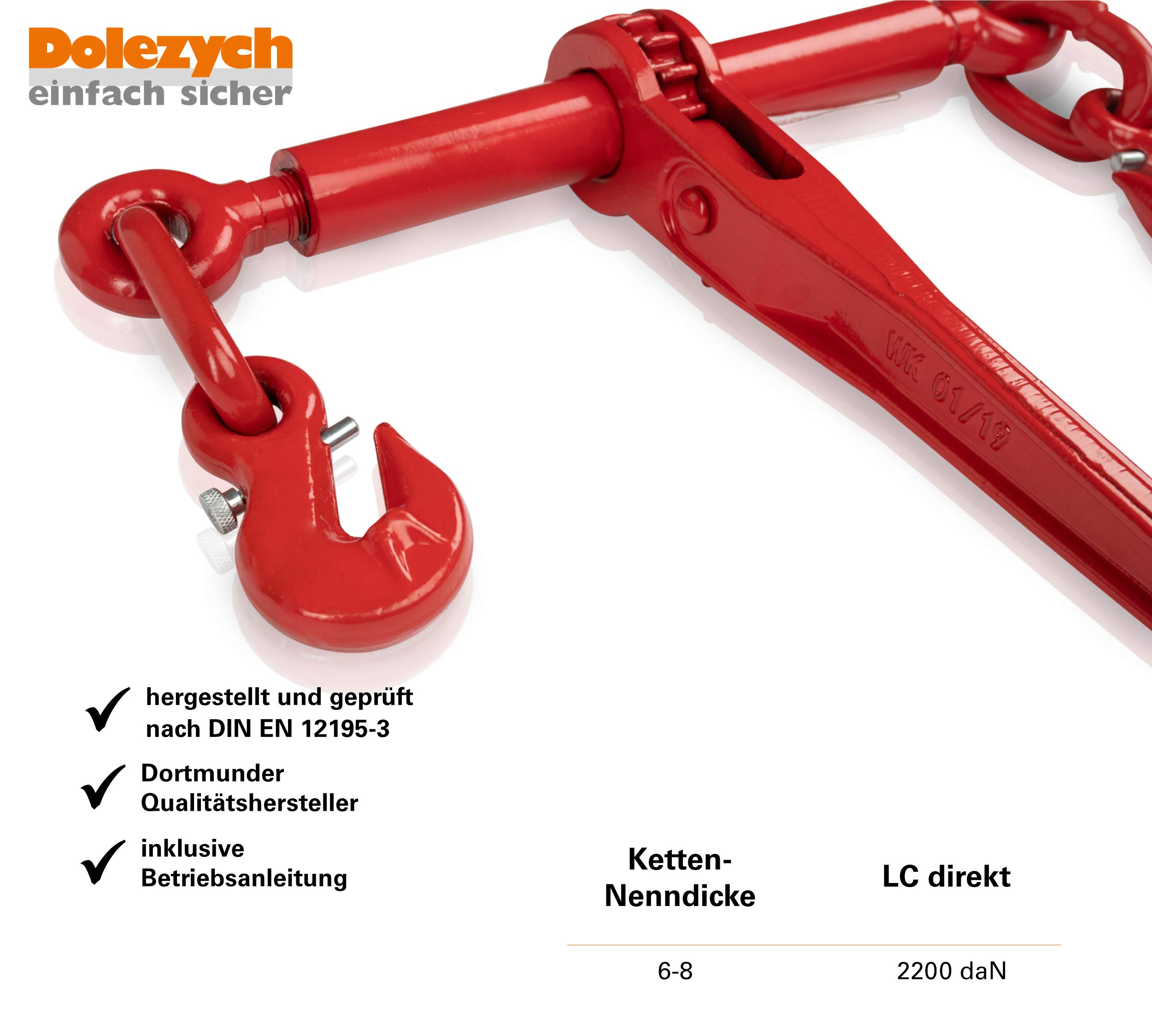 Dolezych Ratschlastspanner mit Verkürzungshaken für 6 mm Kette, LC 2200 daN - Rot