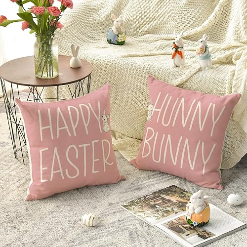 Miniatura 2 de AVOIN colorlife Juego de 4 fundas de almohada rosas con diseño de conejito de conejito de Pascua con texto en inglés Happy Easter He is Risen, 18 x