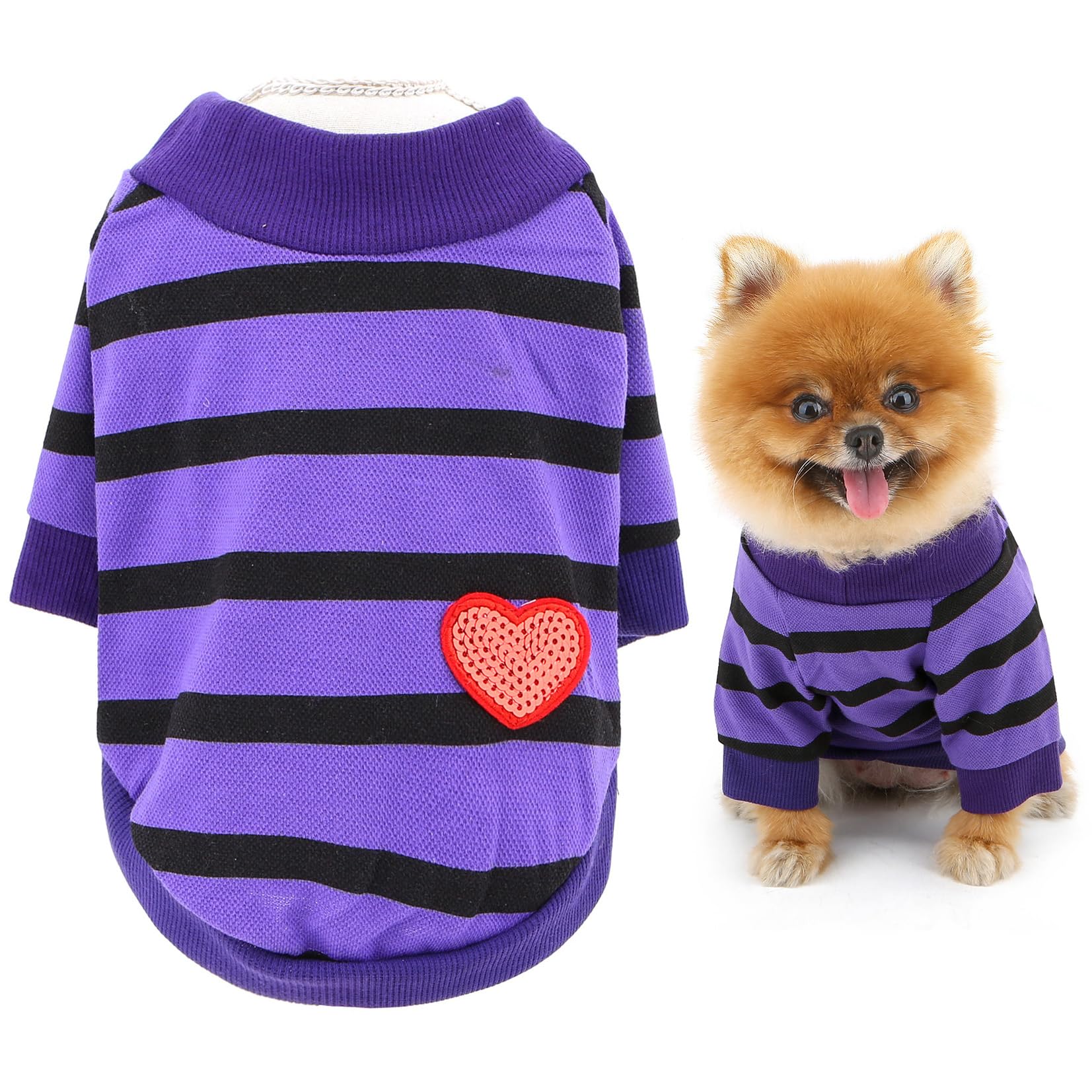 SMALLLEE_LUCKY_STORE Pet Summer Clothes Striped Shirt Top Puppy T-Shirt Tee for Small Medium Dog Cat with Bling Red Heart Yorkie Chihuahua Apparel Plum XS