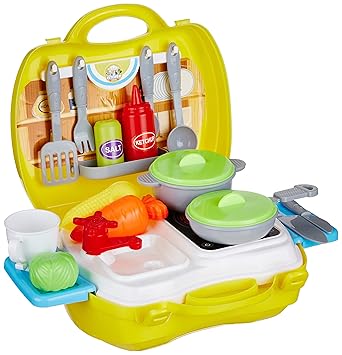 Amazon Brand - Jam & Honey Kitchen Set for Kids | Pretend and Play Toy | Portable Suitcase with Realistic Cooking Toys | for Boys & Girls 2+ Years | Non-Toxic | 24 Pieces | Multicolour - image, photos
