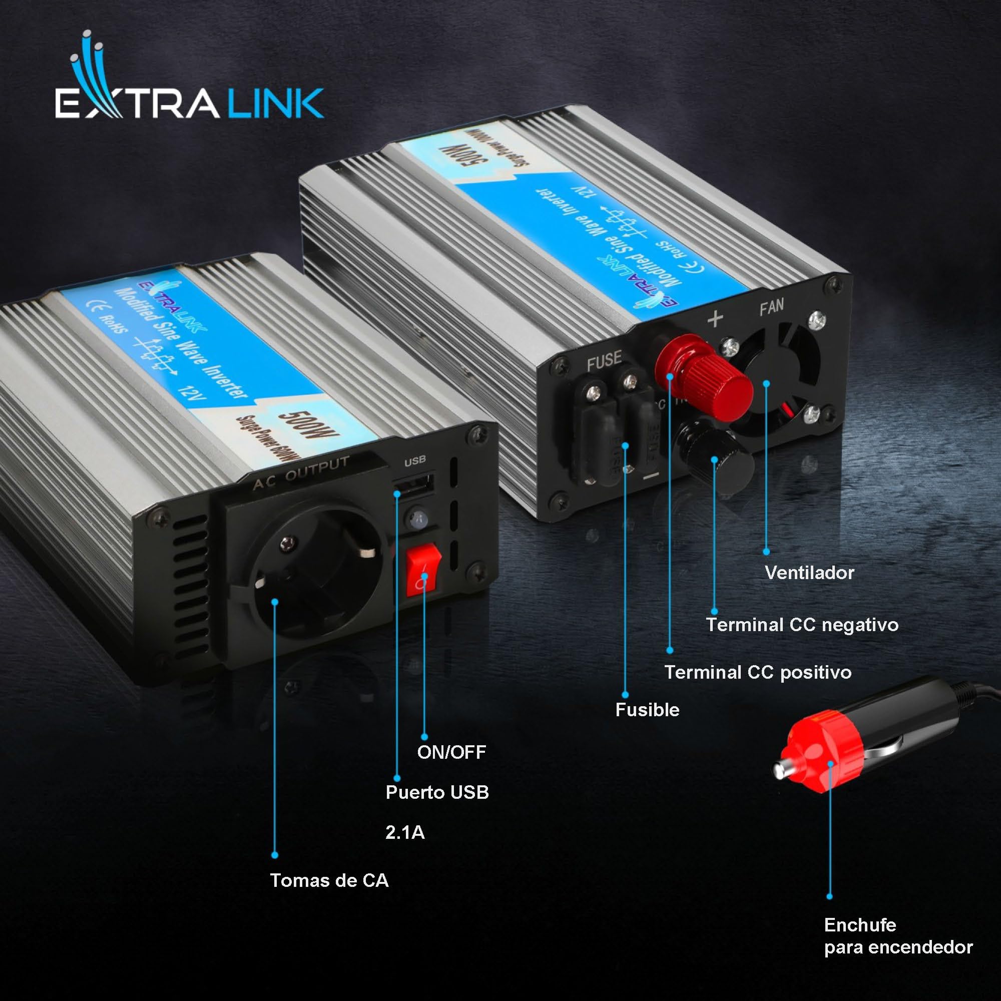 EXTRALINK Inversor 12V 220V Onda Modificada 500W 1000W Pico – Convertidor 12V 200V con USB, Enchufe de mechero, Ventilador y Protección Cuádruple – para Coche, Autocaravana, Barco, Camping, Solar