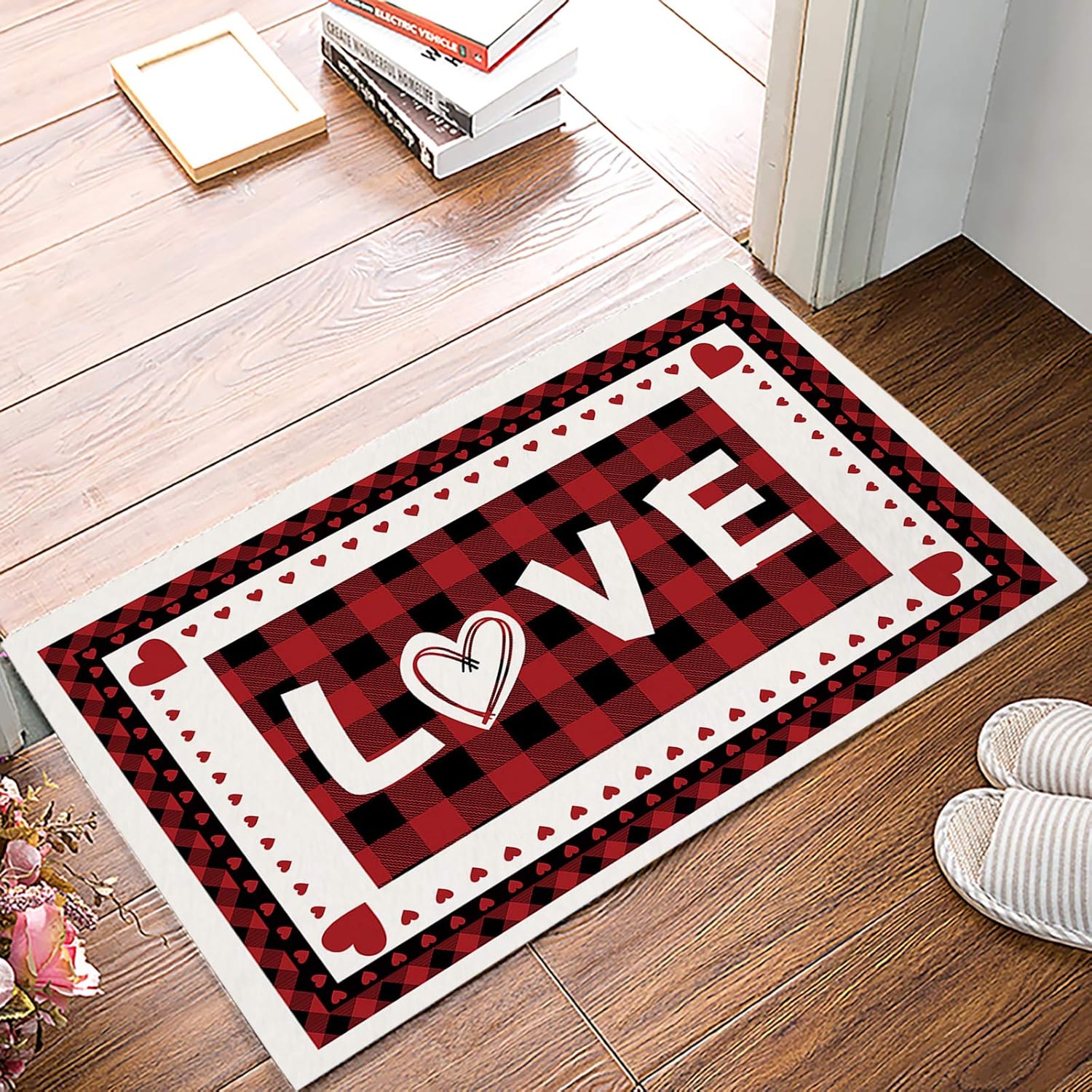 Door Mat Valentine's Day Love Heart Red and Black Buffalo Plaid Welcome Mats for Front Door Indoor Outdoor Entry Doormat Non-Slip Kitchen Rug Washable Floor Mat for Bathroom/Porch/Patio 16"X24"