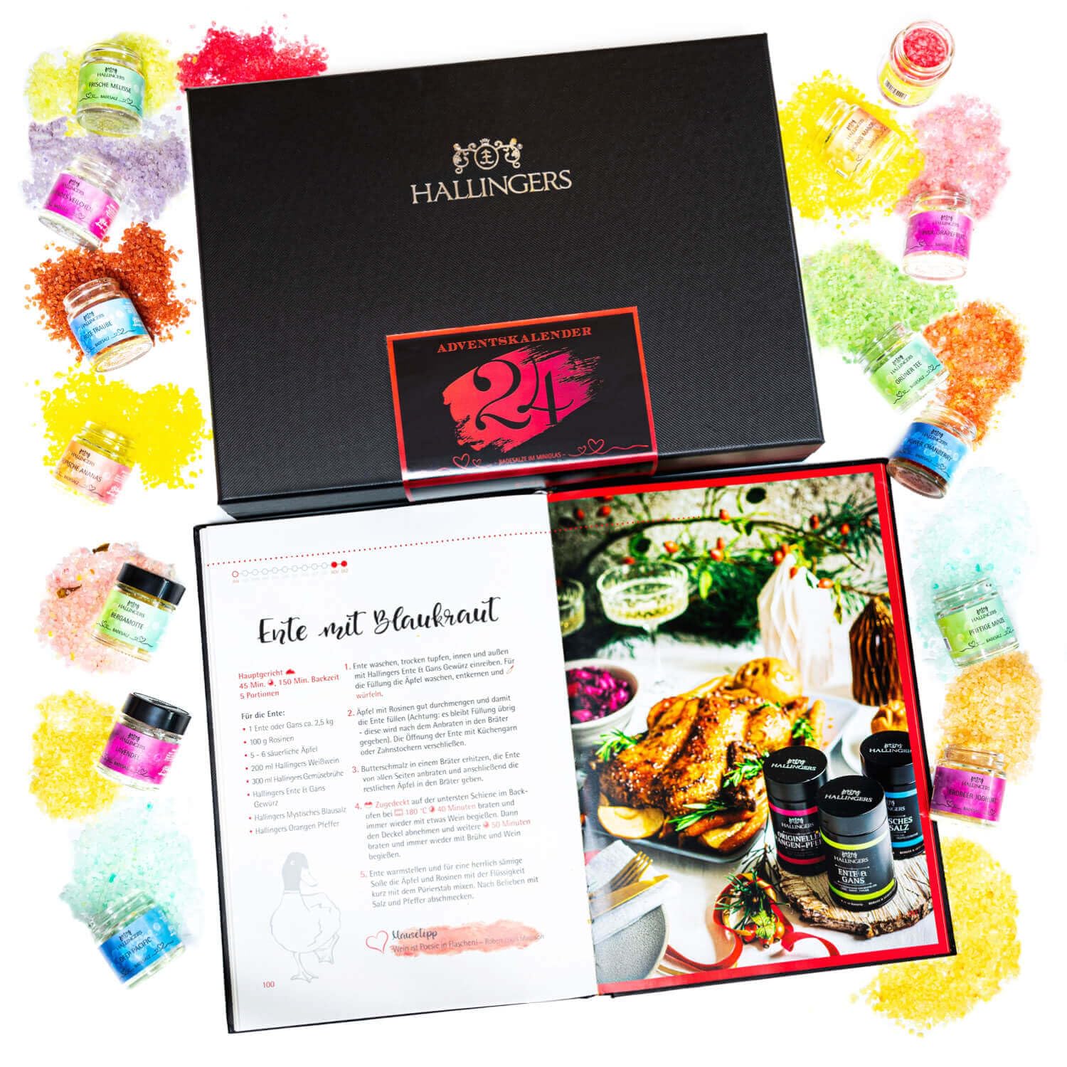 Hallingers Deluxe Kalender & Kochbuch – Badesalz Adventskalender im Bundle mit Rezeptbuch Happiness is handmade