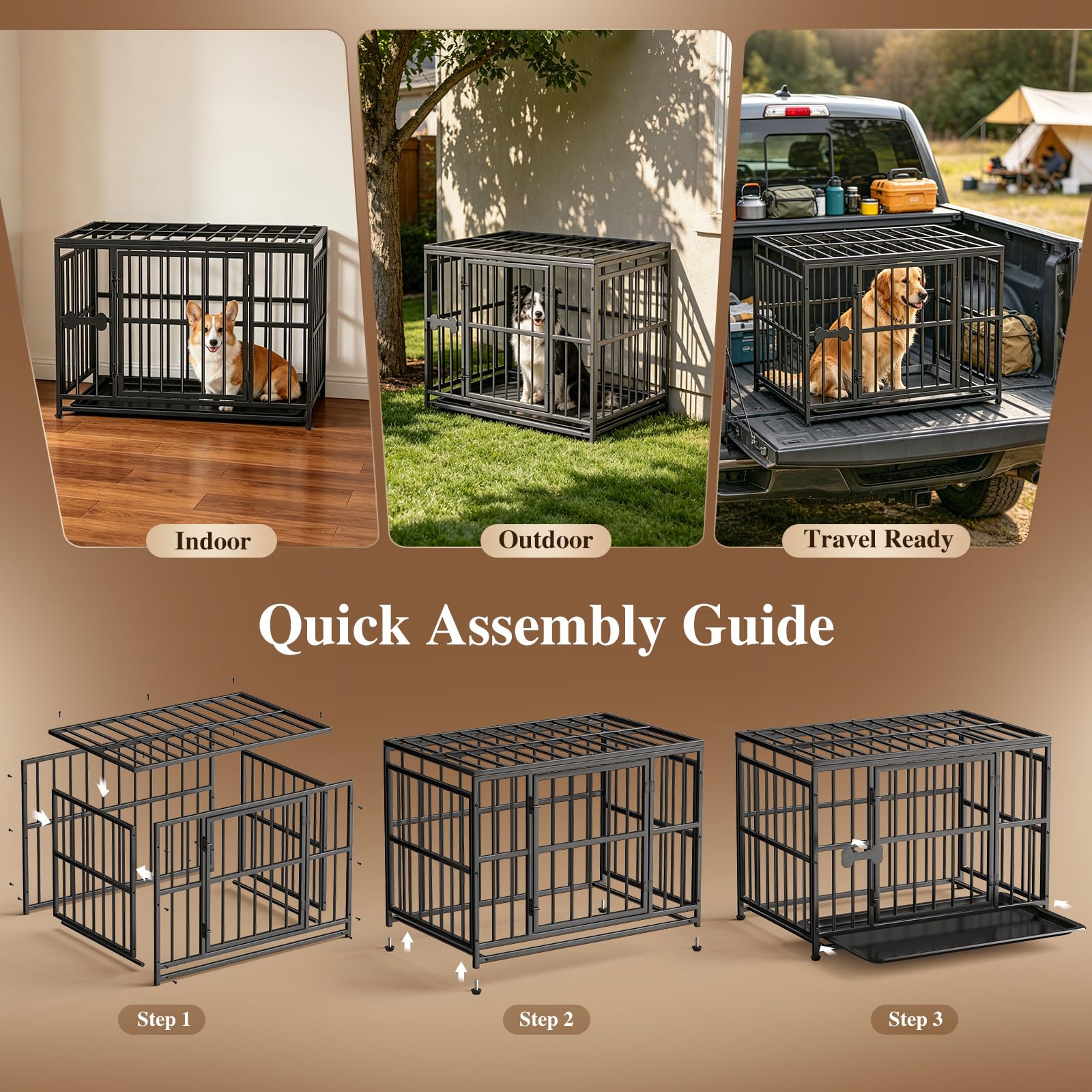 Pawaboo Haustierkäfig hochbelastbar, Hundebox, 95 x 62 x 67 cm | mit herausnehmbarer Bodenschale, leicht zu reinigen, Rostfreier Beschichtung, Gitterbox, schwarz
