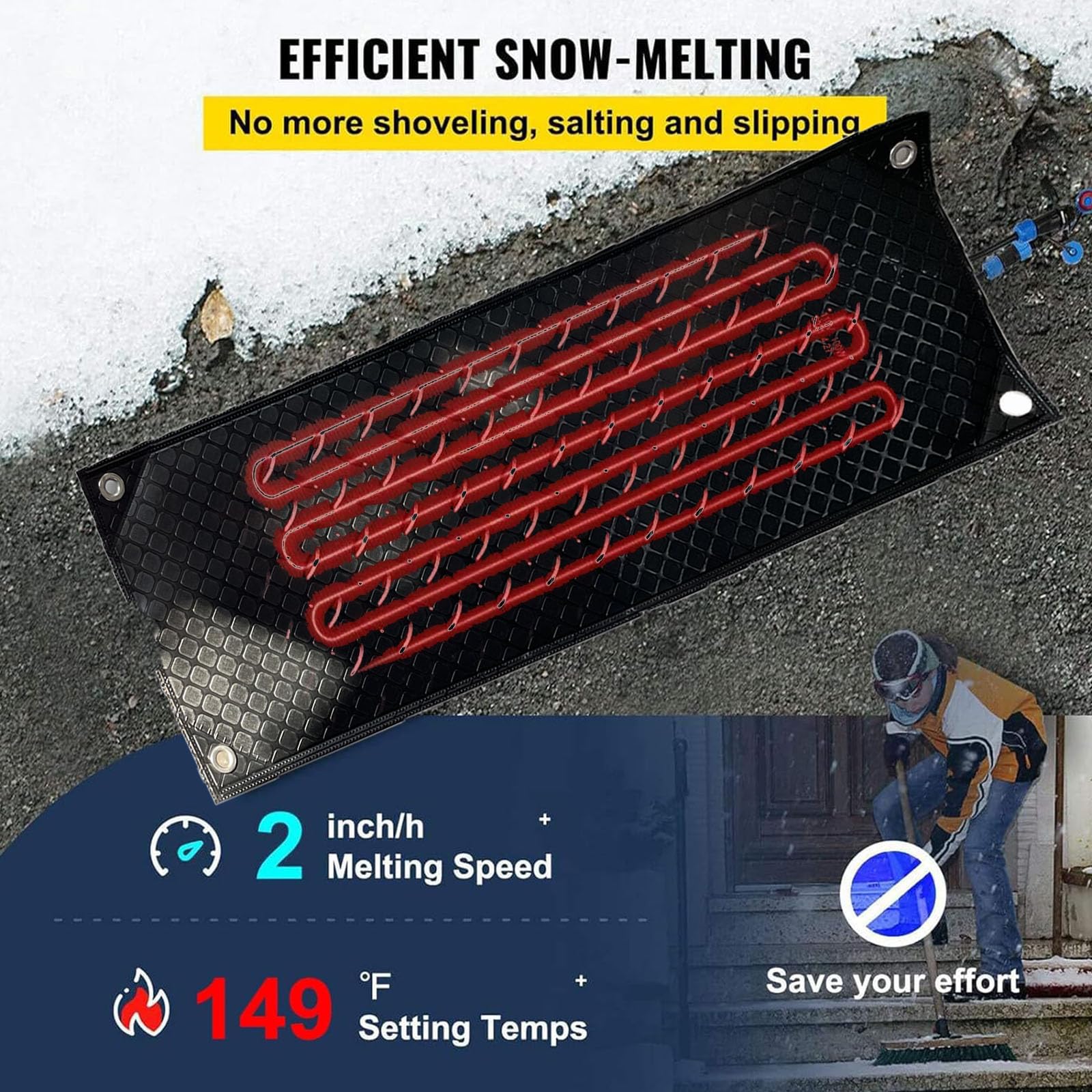 Tapis chauffant d'extérieur pour faire fondre la neige et la glace, tapis chauffant imperméable, vitesse de fonte de 5 cm/h pour patios en hiver et prévention, 1 pièce - 10 x 48 po