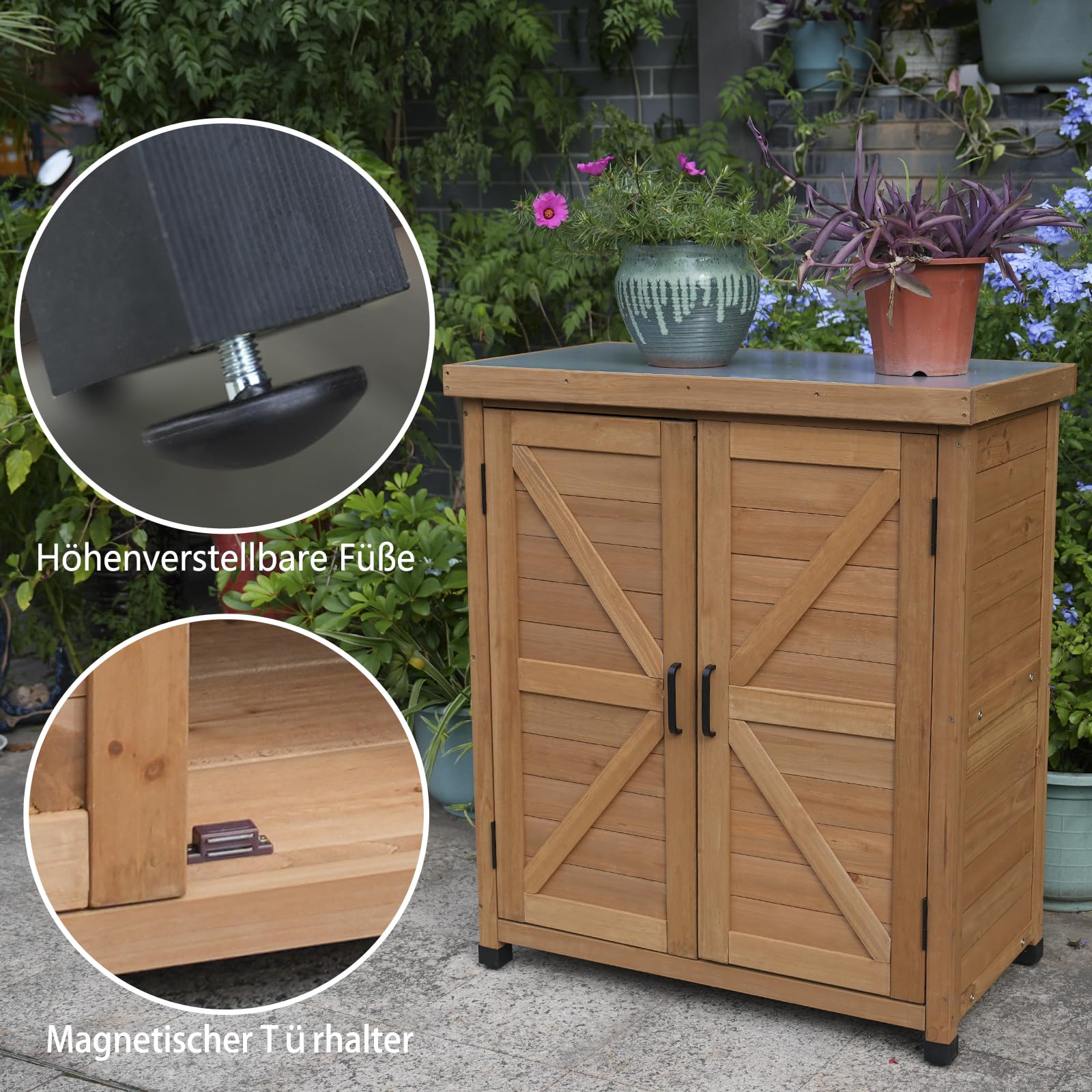 Outdoor Gartenschrank aus Holz, 80 x 45 x 93 cm, Grau, Wasserfest, Höhenverstellbare Füße, 2 Türen, 2 Einlegeböden (Orange)