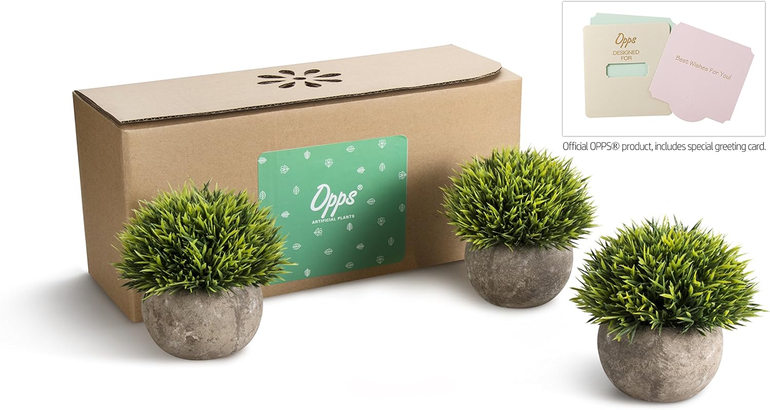 Opps Mini Artificial Plants Plastic Fake Green Grass Topiary Shrubs with Gray Pot for Home Décor – Set of 3 -