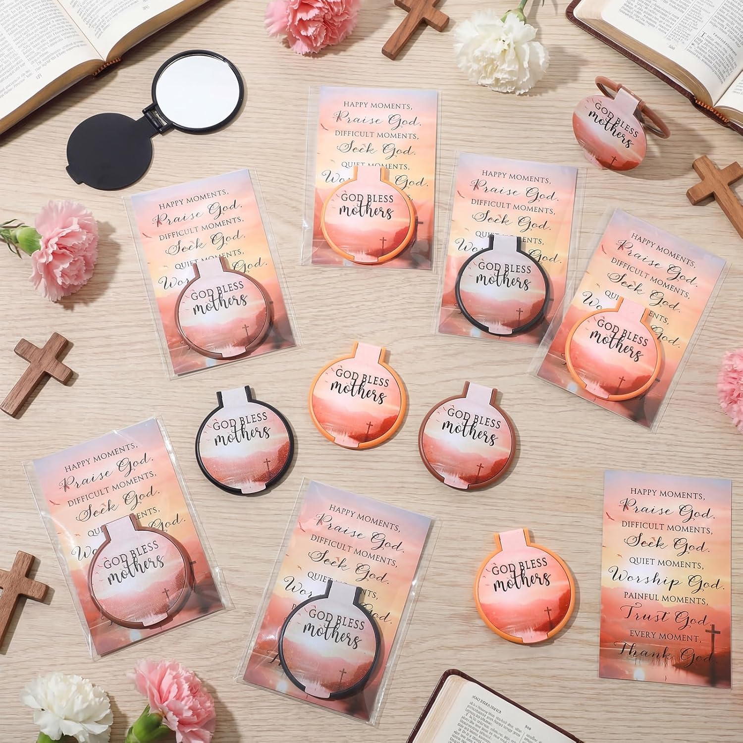 Reallnaive 50 Sets Mothers Day Christian Gifts Religious Compact Mirrors Bulk God Bless Mothers Bible Folding Round Mirror with Cards Church Gifts for Church Sunday School Party (Dark Color)