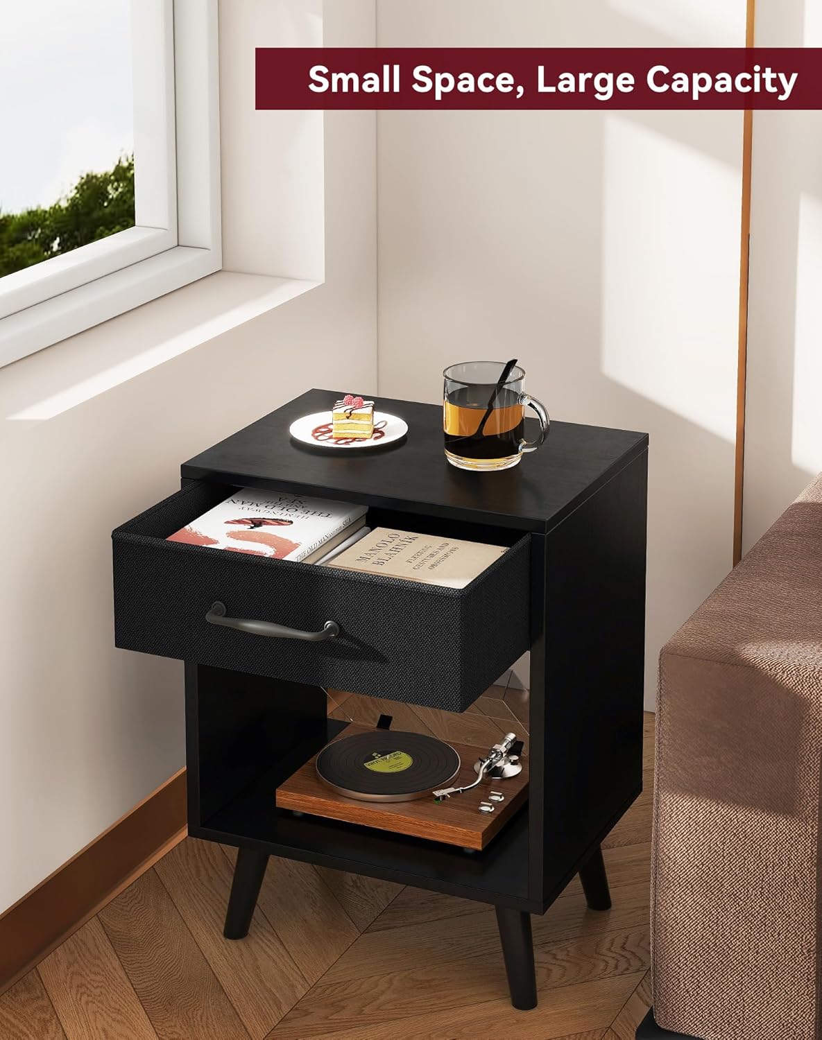 YMYNY Nightstand Set of 2, Bedside Table, Side Table with Fabric Drawer, Handle and Open Compartment, Solid Wood Legs, Wooden Coffee Table for Bedroom, Black UHST020B-2