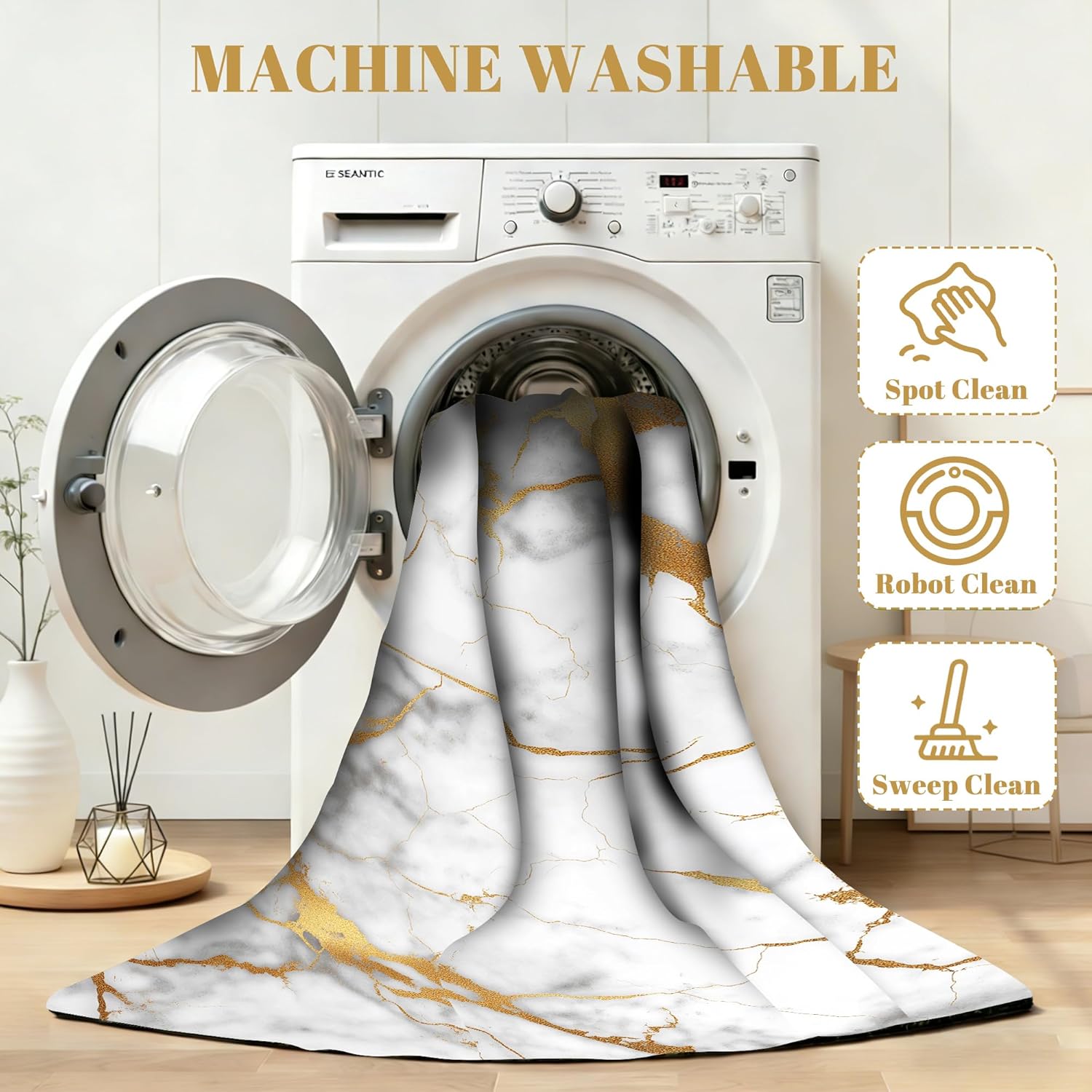 White Gold Marble Rug 2' X 3' Modern Marbled Area Rug for Entryway Kitchen Bathroom Abstract White Gold Marbling Throw Rug Non-Slip Washable Floor Mat Game Room Decor