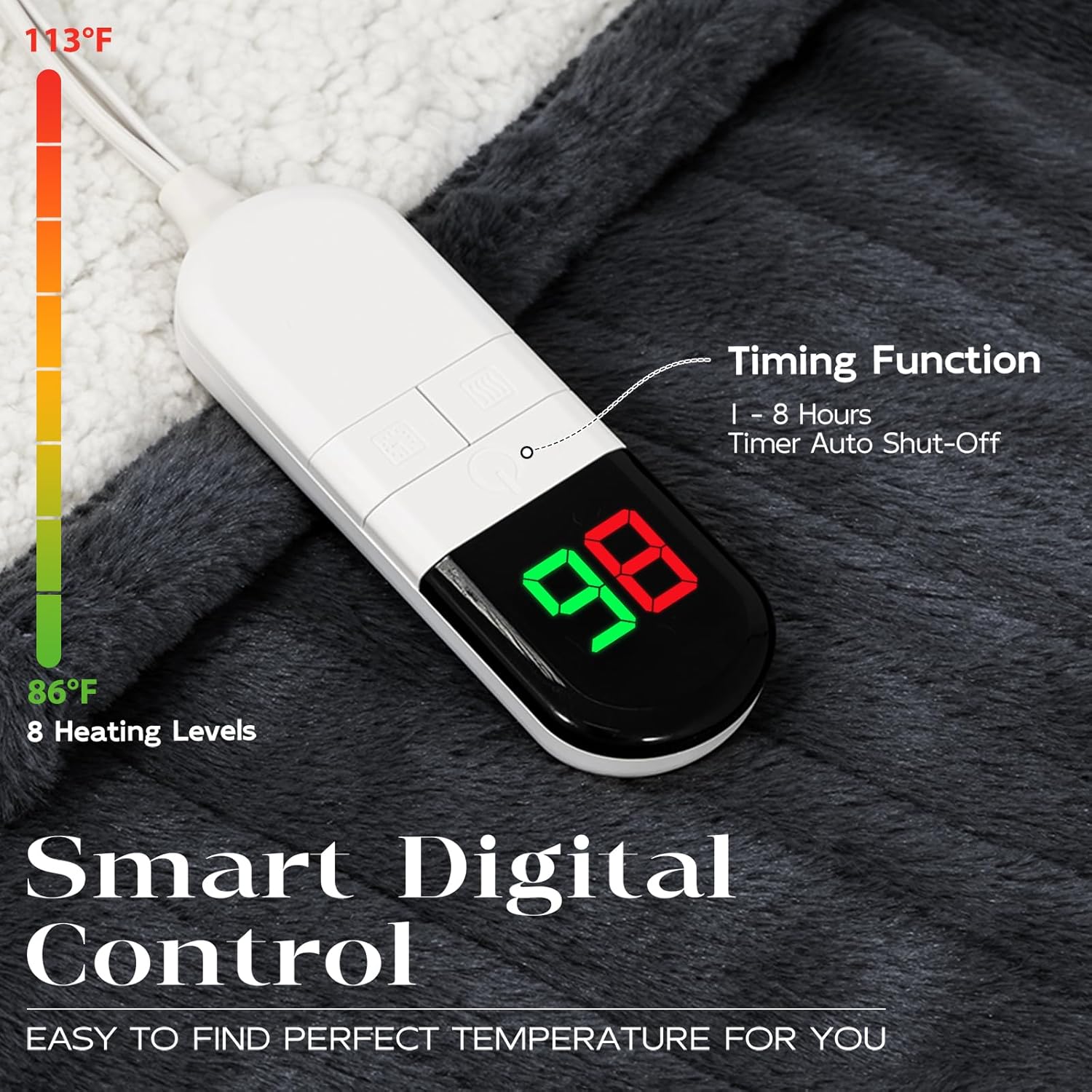 Premium Heated Blanket Twin 62"×84" - Ultra Cosy Soft Electric Blanket with 8 Heating Levels,Plush Fast Heating Faux Rabbit Fur Blanket for Bed & Couch - Auto Shut Off,Machine Washable (Grey) - Image 3