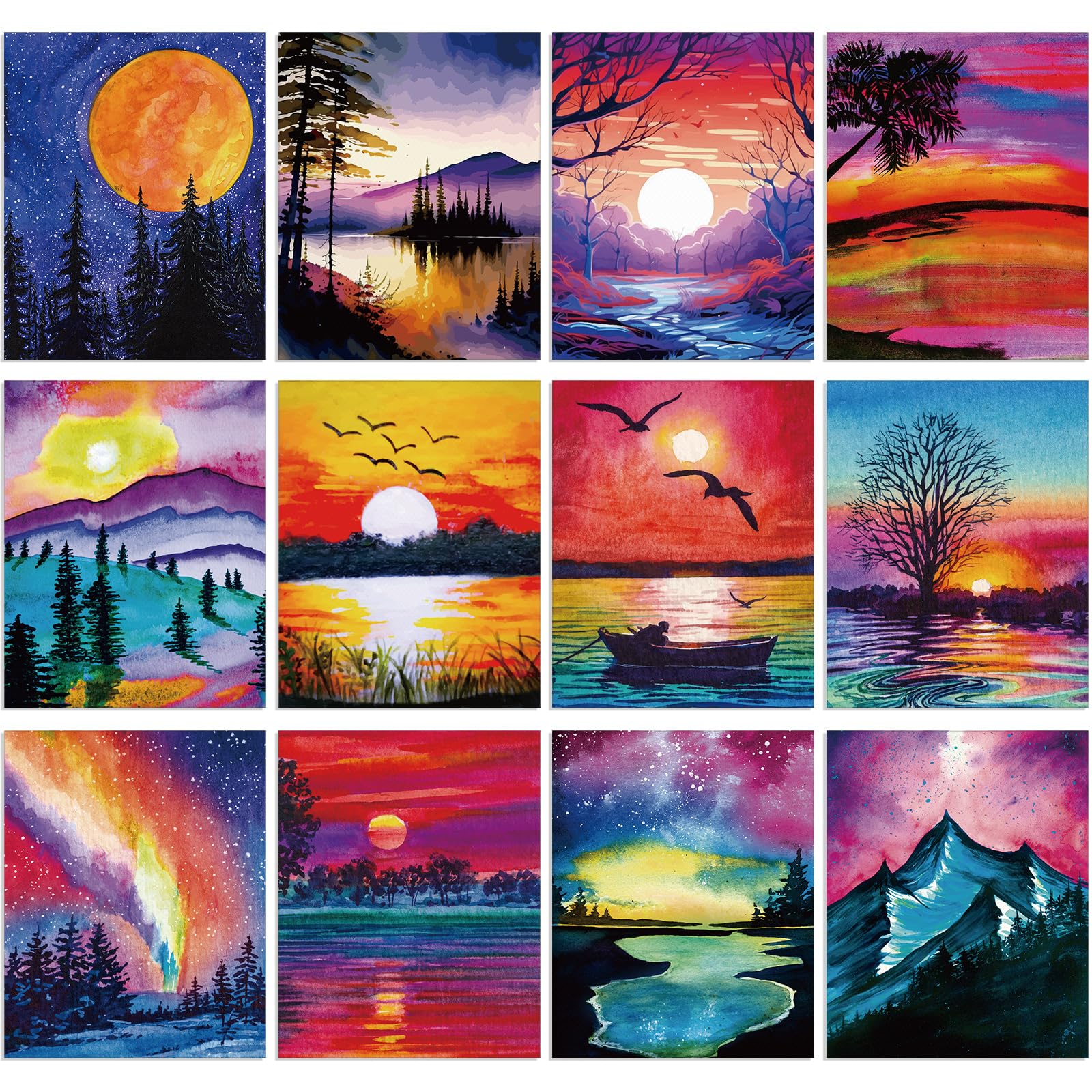 Sherr 12 Pcs Pre-Printed Cute Canvas Painting Set for Kids - Theme Canvas for Party Favor (8 x 10 Inch, Natural Scenery)