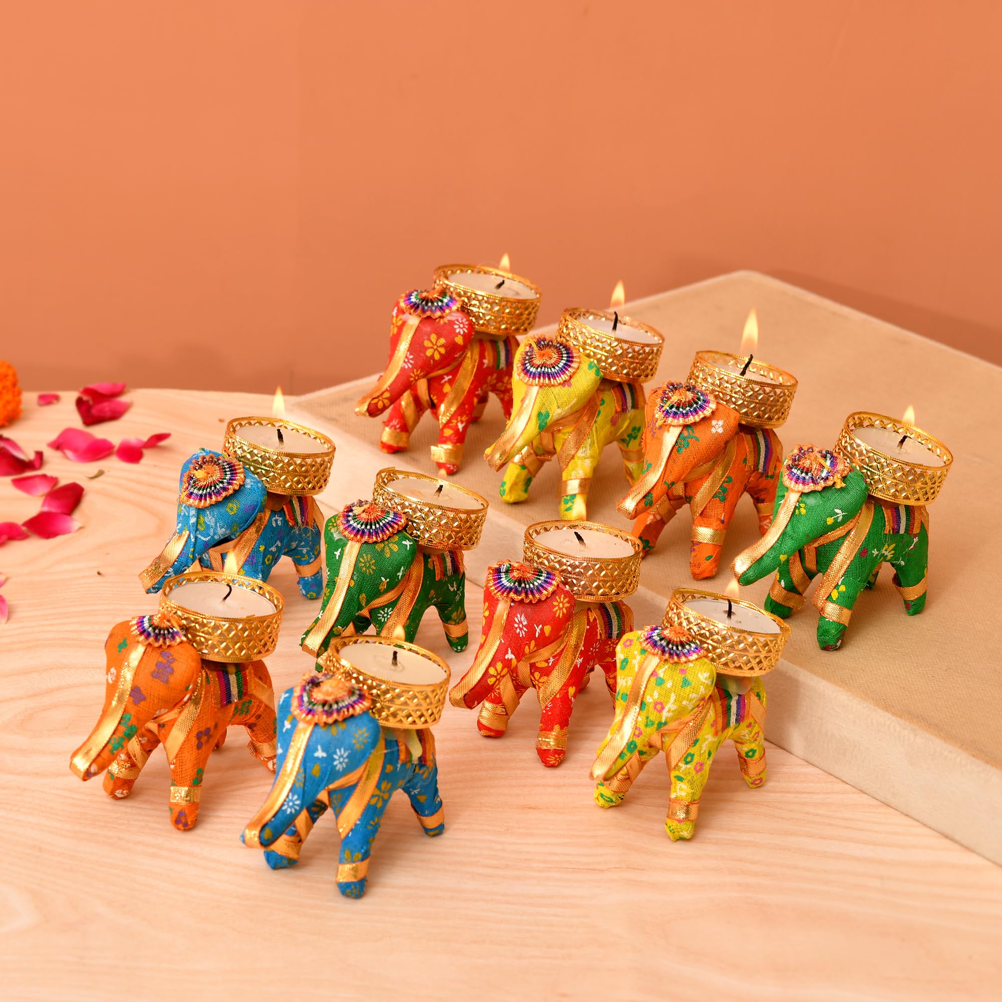 INDI ART Decorative Elephant Tea Light andmade Metallic Finish Handicraft Candle Stand for Event Diwali Decoration Diwali Gifts Navratri Dussehra with Tealights, (Elephant, 10, Count) 1