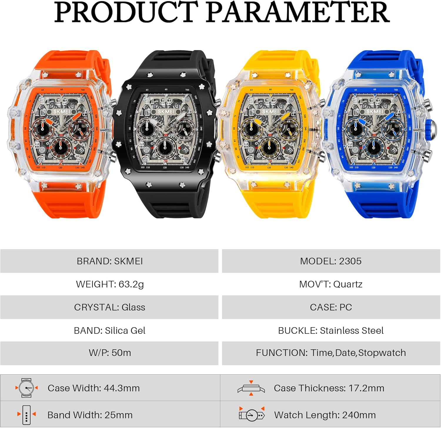 SKMEI Watch for Men,5ATM Waterproof Unique Transparent Big Face Analog Mens Watches with Silicone Strap Chronograph Calendar Stopwatch