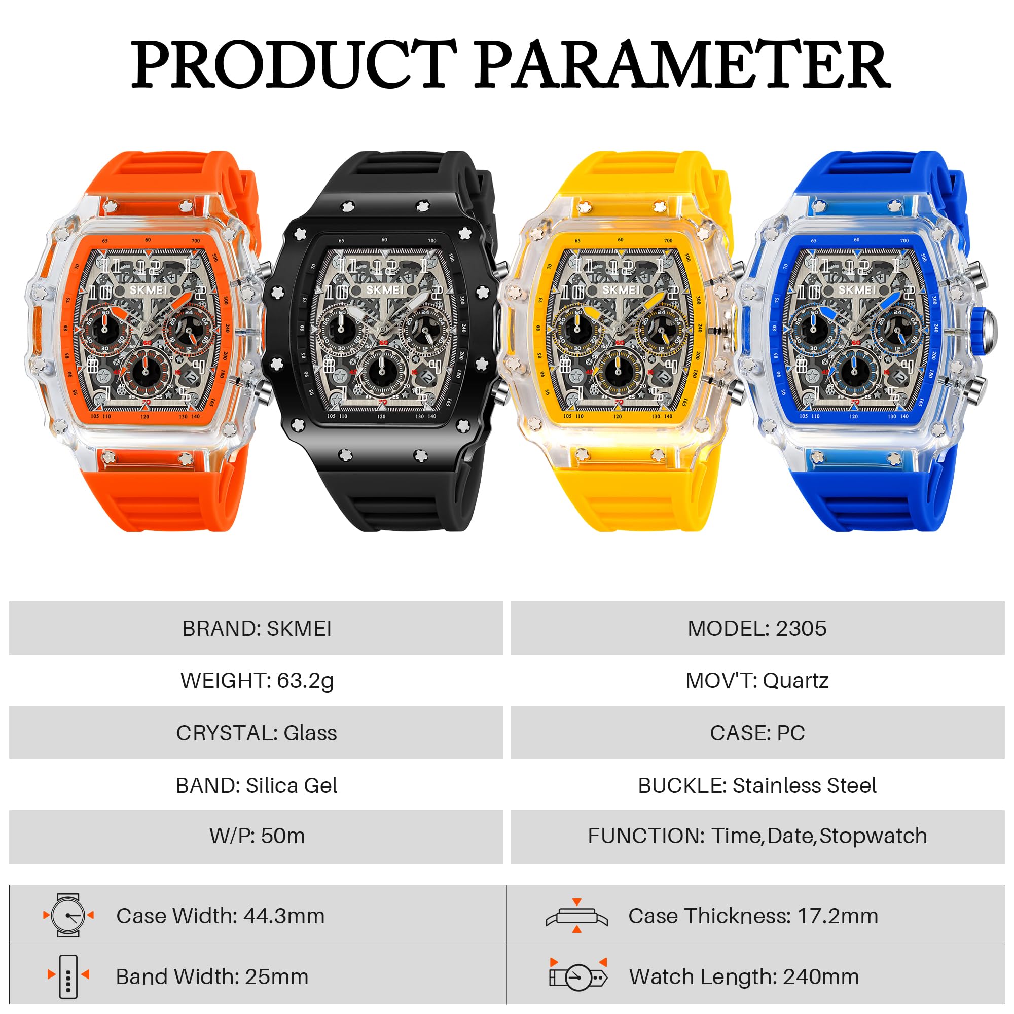 SKMEI Relojes automáticos de moda para hombre con correa de silicona de esqueleto impermeable a 50 m, relojes de pulsera únicos para hombre