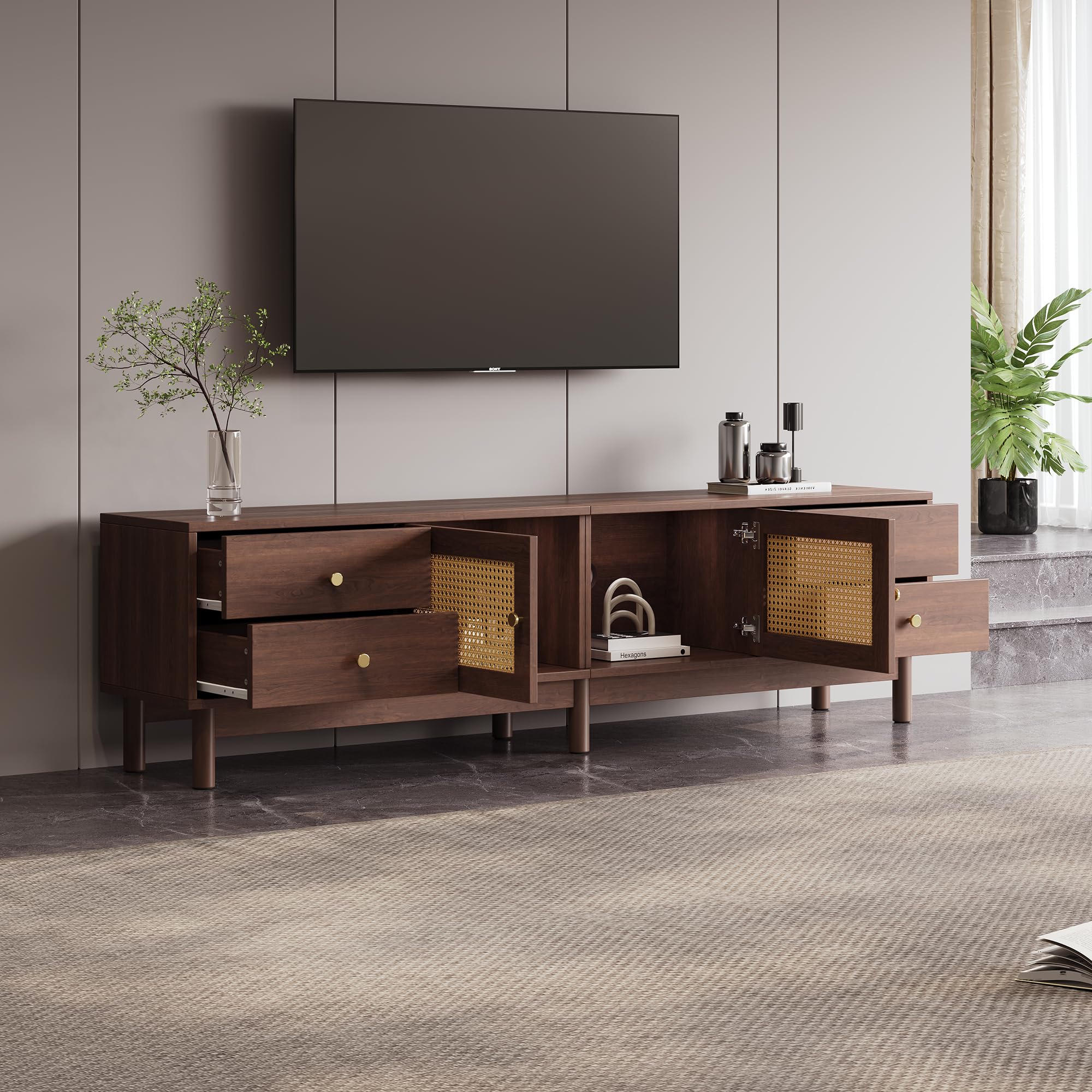 Rattan-TV-Lowboard mit 4 Schubladen & 2 Türen, Dunkelbraun, 180 cm