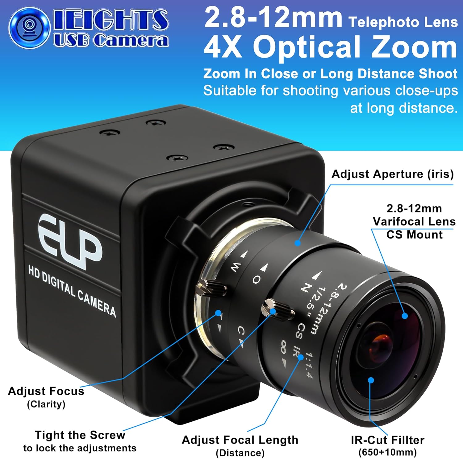Global Shutter USB Camera Manual Focus Webcam High Speed 5mp@50fps 1440P@60fps Industrial Video Camera with Zoom Lens 2.8-12mm CS Mount Variable Focus Close-up PC Camera UVC Web Camera for Computer