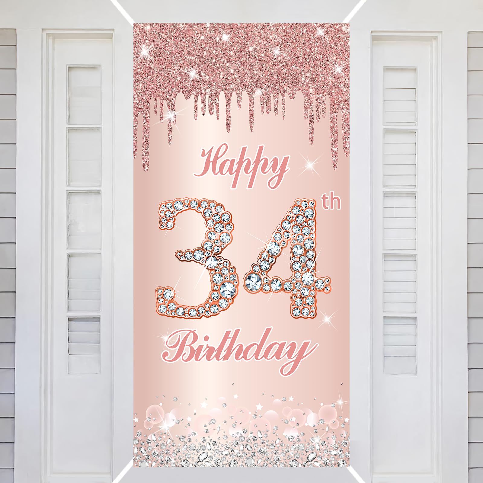 34th Happy Birthday Decorations Door Banner Pink Rose Birthday Banner for Party Backdrop for Women Door Cover Party Decoration Supplies Poster — image 1