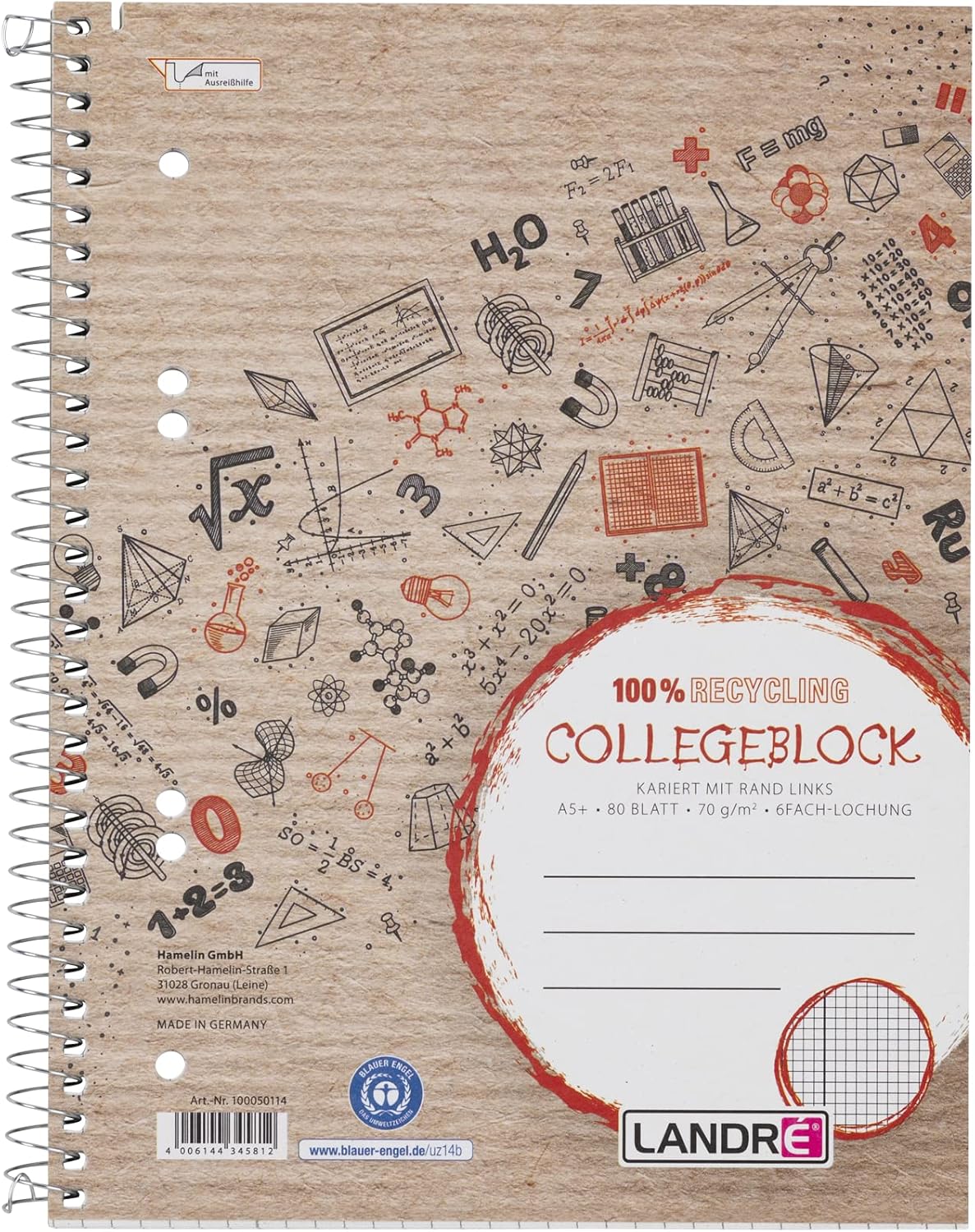 Landre A5 Recycled Squared Notepad, 80 Sheets, Pack of 5