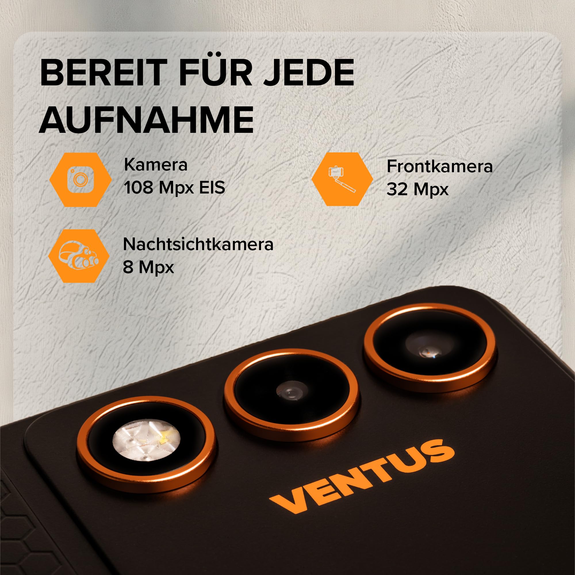 HAMMER VENTUS 5G Outdoor Smartphone 8GB+256GB, Android 16, 6.77 Inch 120Hz AMOLED Display, 108MP AI Camera, 32MP Selfie Camera, MediaTek Dimensity 7100, 5000mAh Battery, 45W Fast Charging, IP69, MIL-S